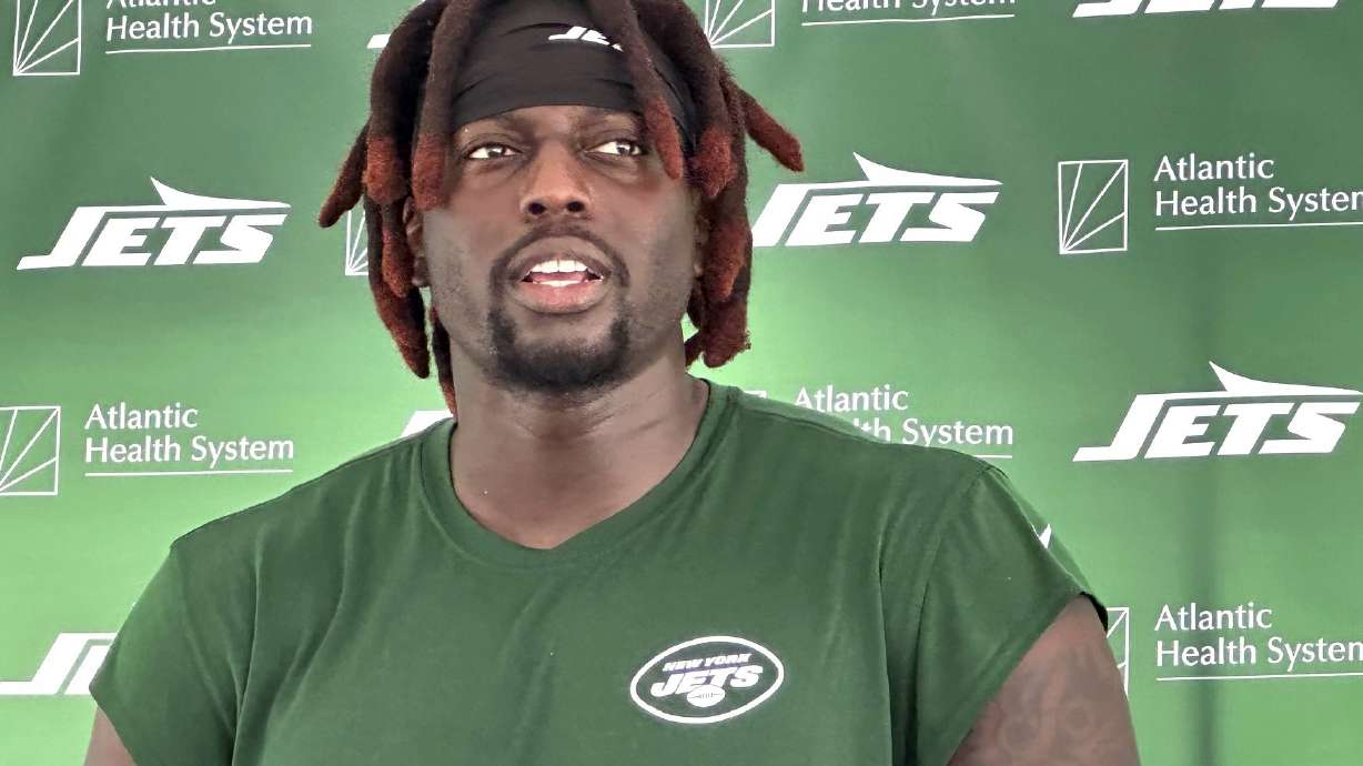 New York Jets defensive lineman Javon Kinlaw speaks to reporters after practice at the NFL football team's facility, Monday, July 29, 2024, Florham Park, N.J.