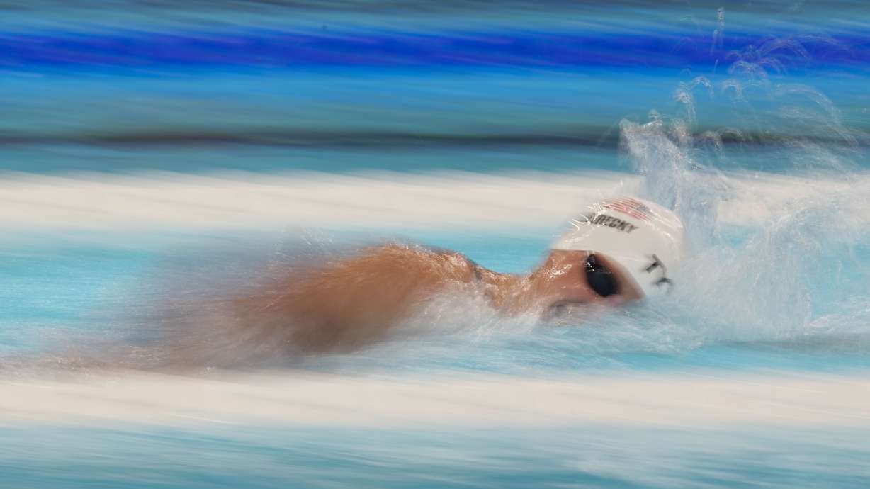 Katie Ledecky, of the United States, competes during a heat in the women's 1500-meter freestyle at the 2024 Summer Olympics, Tuesday, July 30, 2024, in Nanterre, France.