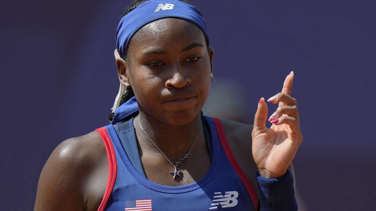 Coco Gauff of United States gestures as she plays against Donna Vekic of Croatiathe during their women's singles third round match at the Roland Garros stadium, at the 2024 Summer Olympics, Tuesday, July 30, 2024, in Paris, France.
