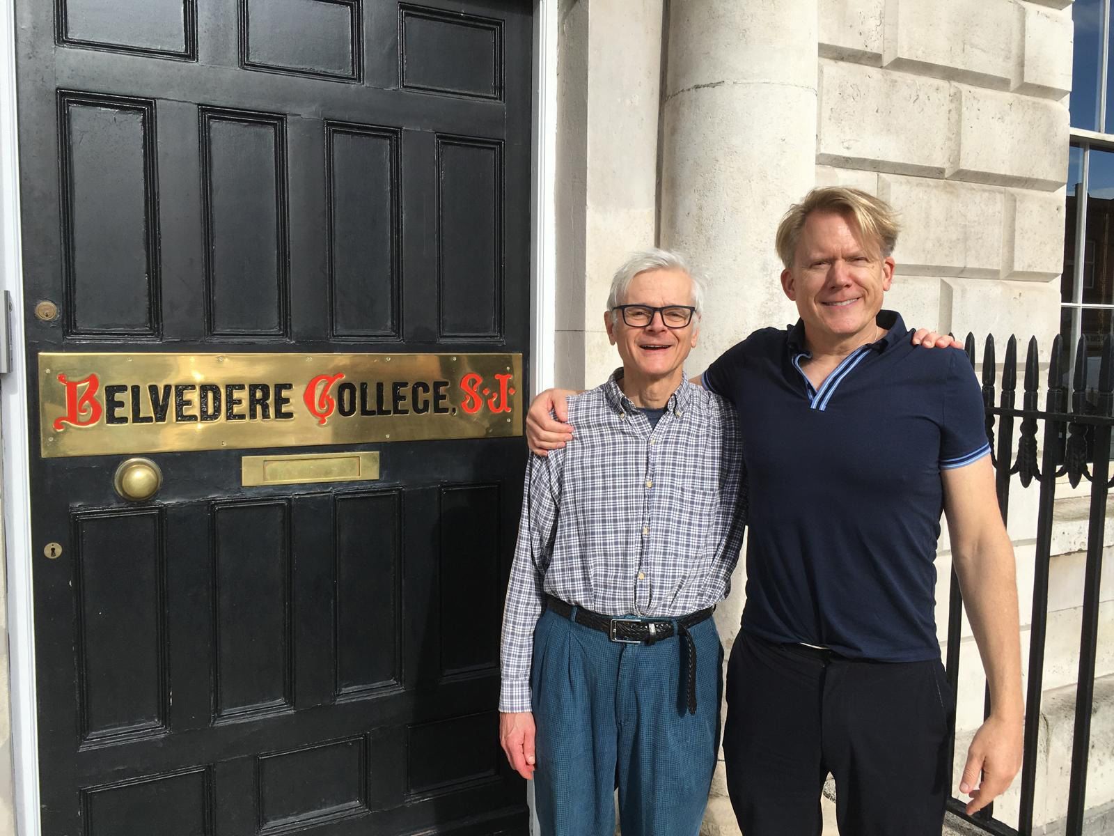 John Portmann with his partner Dan in front of Belvedere College, a Catholic school in Dublin where his biological grandfather taught Latin and Greek.