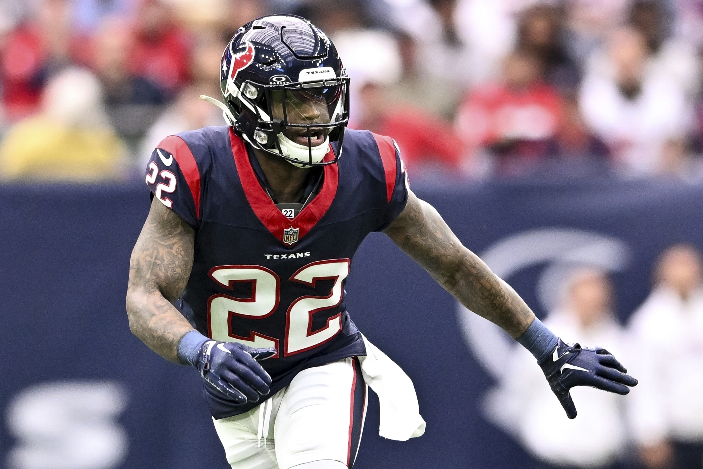 FILE - Houston Texans cornerback Kareem Jackson (22) follows the action Titans during an NFL football game against the Tennessee, Sunday, Dec 31, 2023, in Houston. Buffalo Bills added experience depth to their safety position by signing Kareem Jackson to a one-year contract on Tuesday, July 30, 2024. 