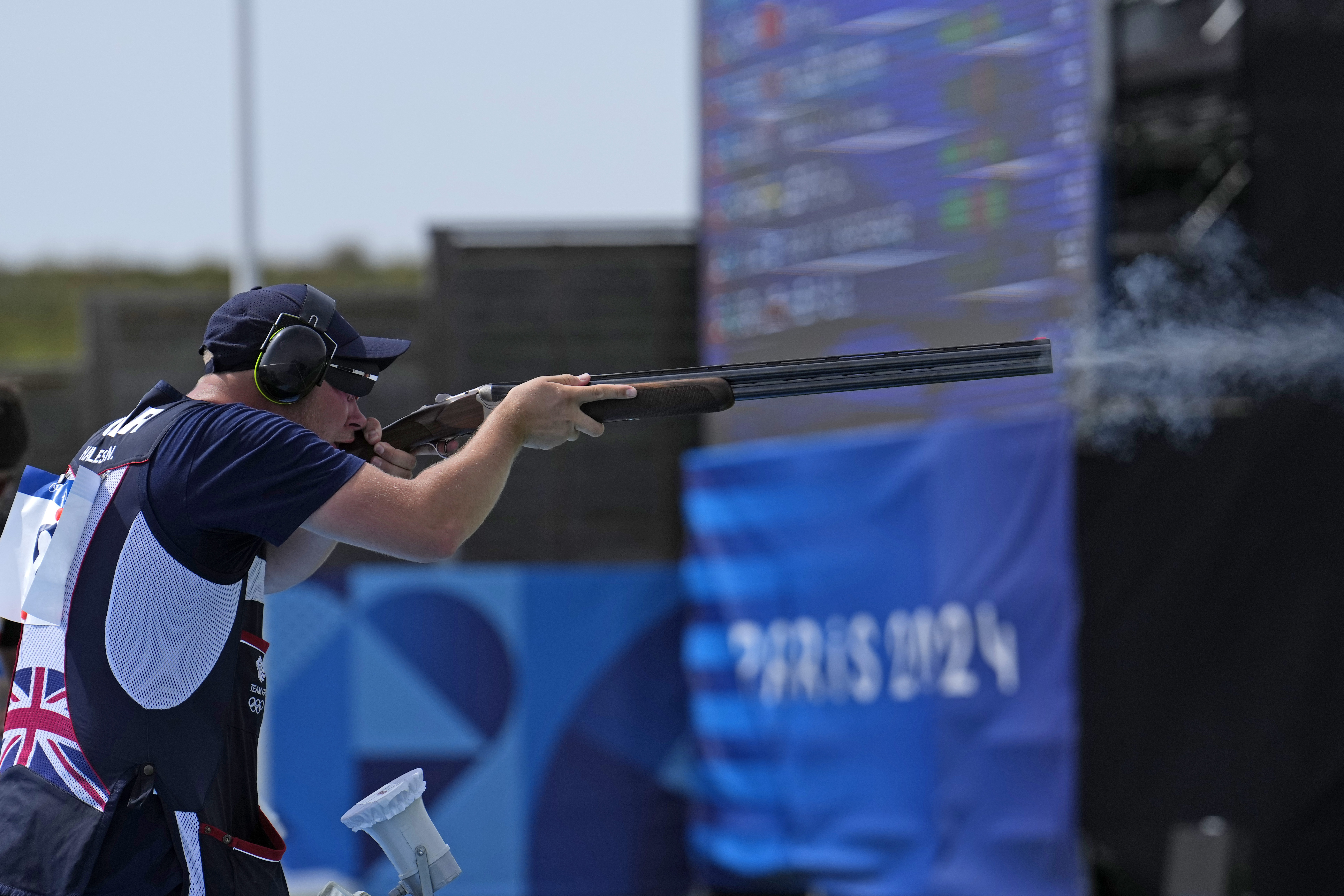 Britain's Nathan Hales competes in the Trap men's final at the 2024 Summer Olympics, Tuesday, July 30, 2024, in Chateauroux, France.