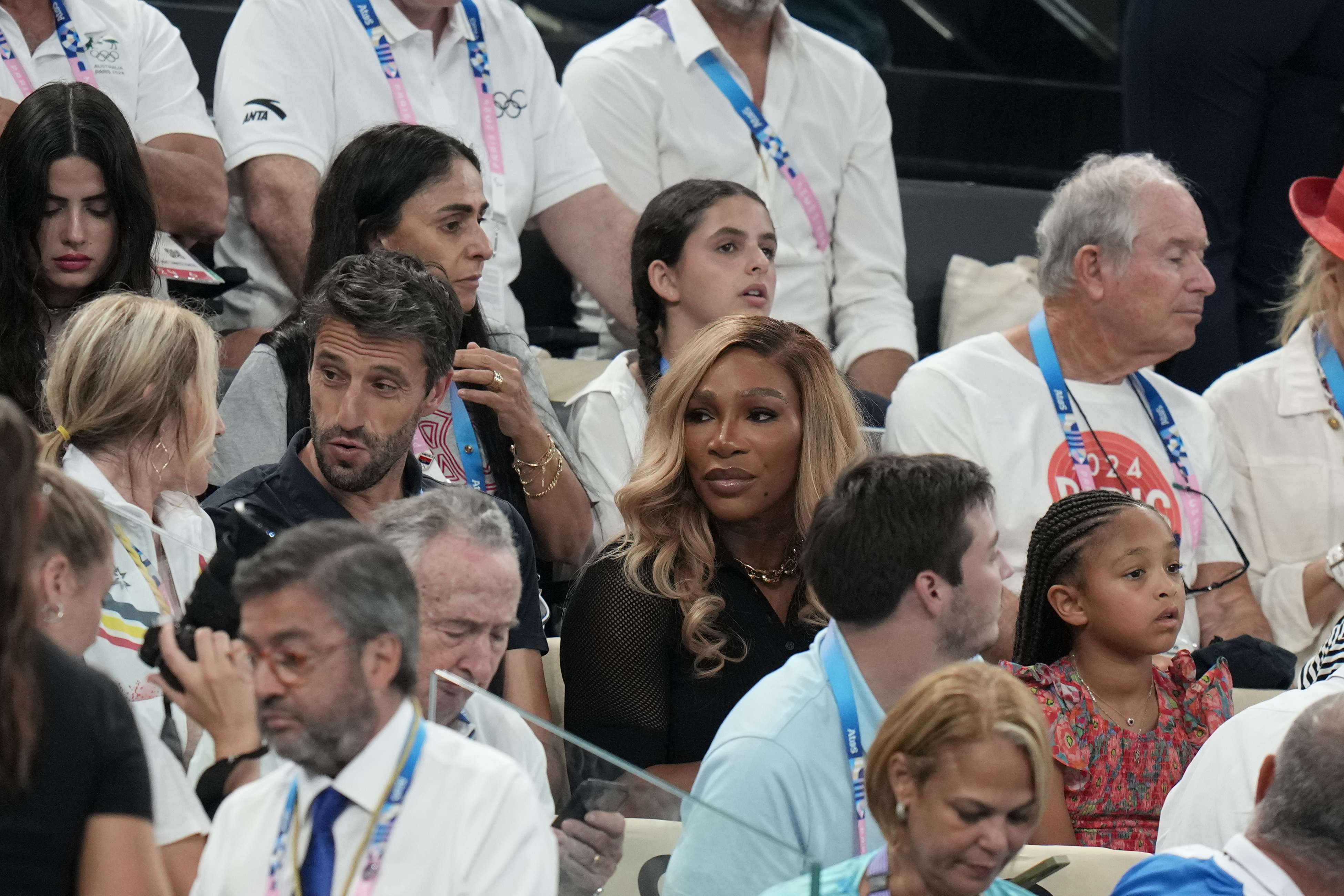 Serena Williams is seen in the stands before the women's artistic gymnastics team finals round at Bercy Arena at the 2024 Summer Olympics, Tuesday, July 30, 2024, in Paris, France. 