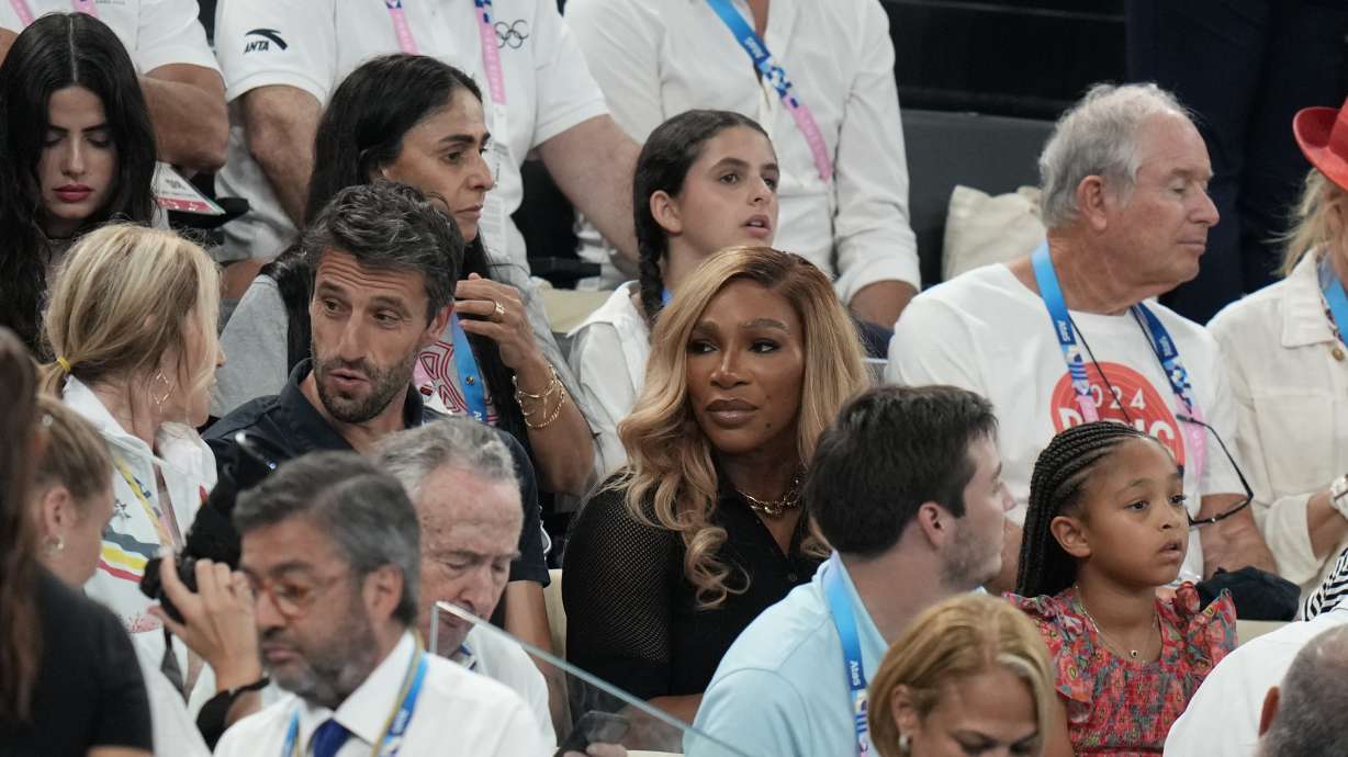 Serena Williams is seen in the stands before the women's artistic gymnastics team finals round at Bercy Arena at the 2024 Summer Olympics, Tuesday, July 30, 2024, in Paris, France.