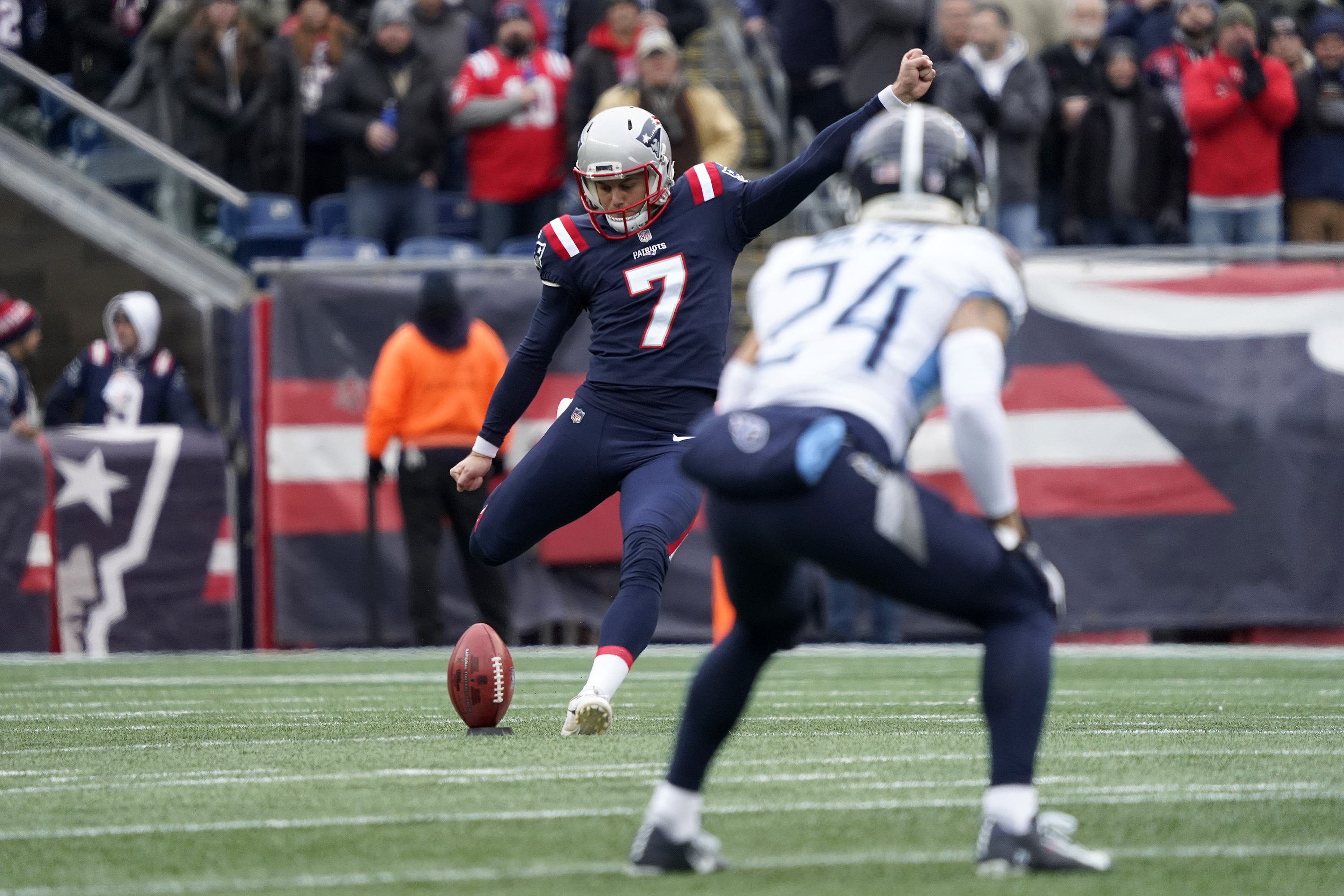 FILE - New England Patriots punter Jake Bailey (7) kicks off to start an NFL football game against the Tennessee Titans, Nov. 28, 2021, in Foxborough, Mass. The NFL will have a new-look this year when it comes to kickoffs. 