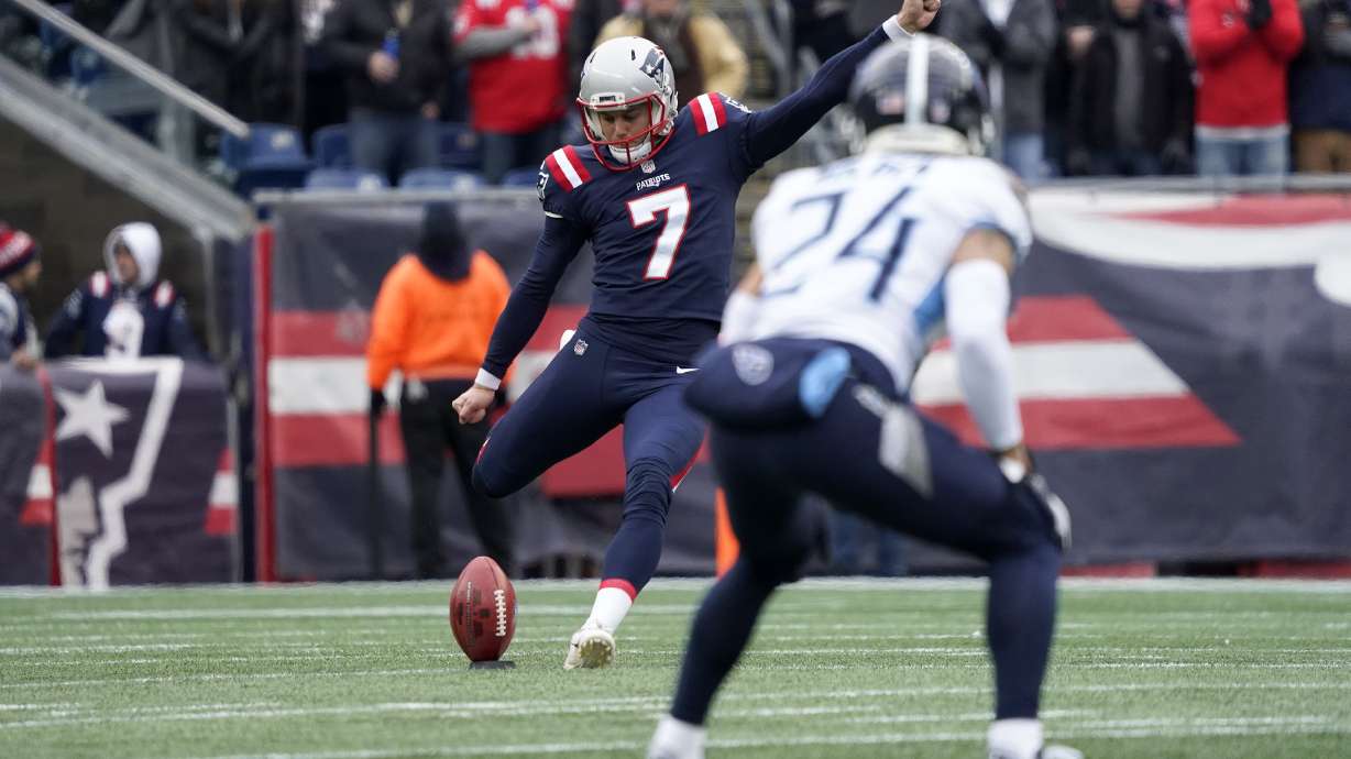 FILE - New England Patriots punter Jake Bailey (7) kicks off to start an NFL football game against the Tennessee Titans, Nov. 28, 2021, in Foxborough, Mass. The NFL will have a new-look this year when it comes to kickoffs.