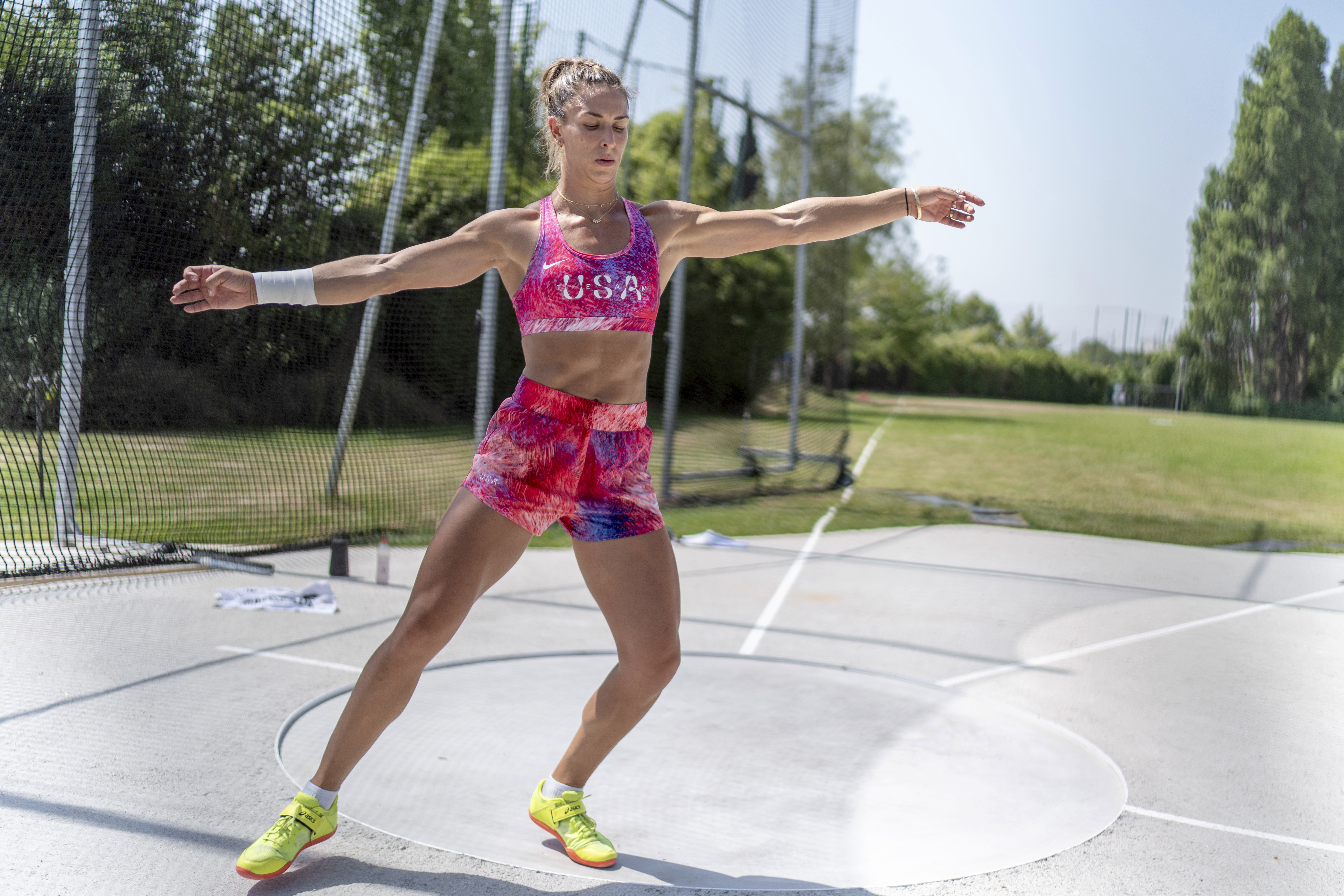 Valarie Allman practices her form throwing the discus at the Team USA training facility at the 2024 Summer Olympics, Tuesday, July 30, 2024, in Eaubonne, France. 