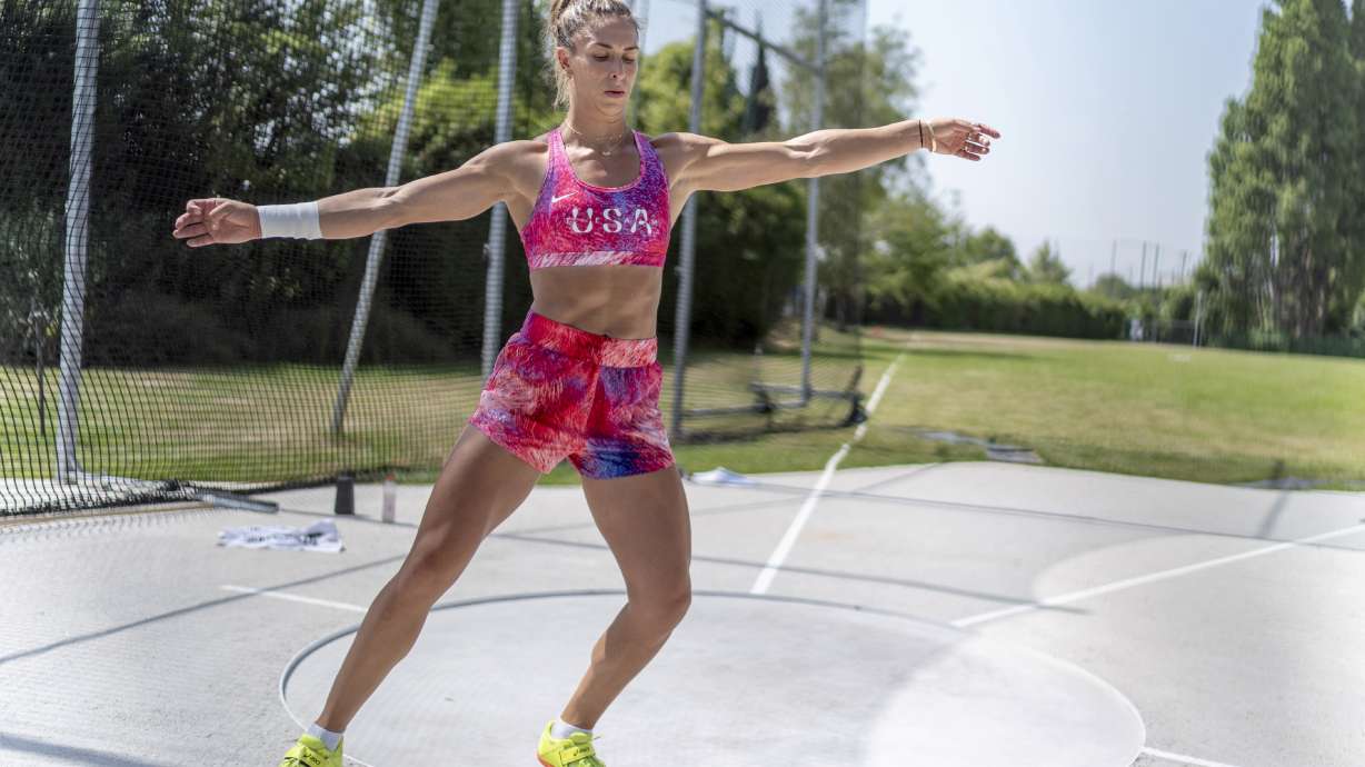 Valarie Allman practices her form throwing the discus at the Team USA training facility at the 2024 Summer Olympics, Tuesday, July 30, 2024, in Eaubonne, France.
