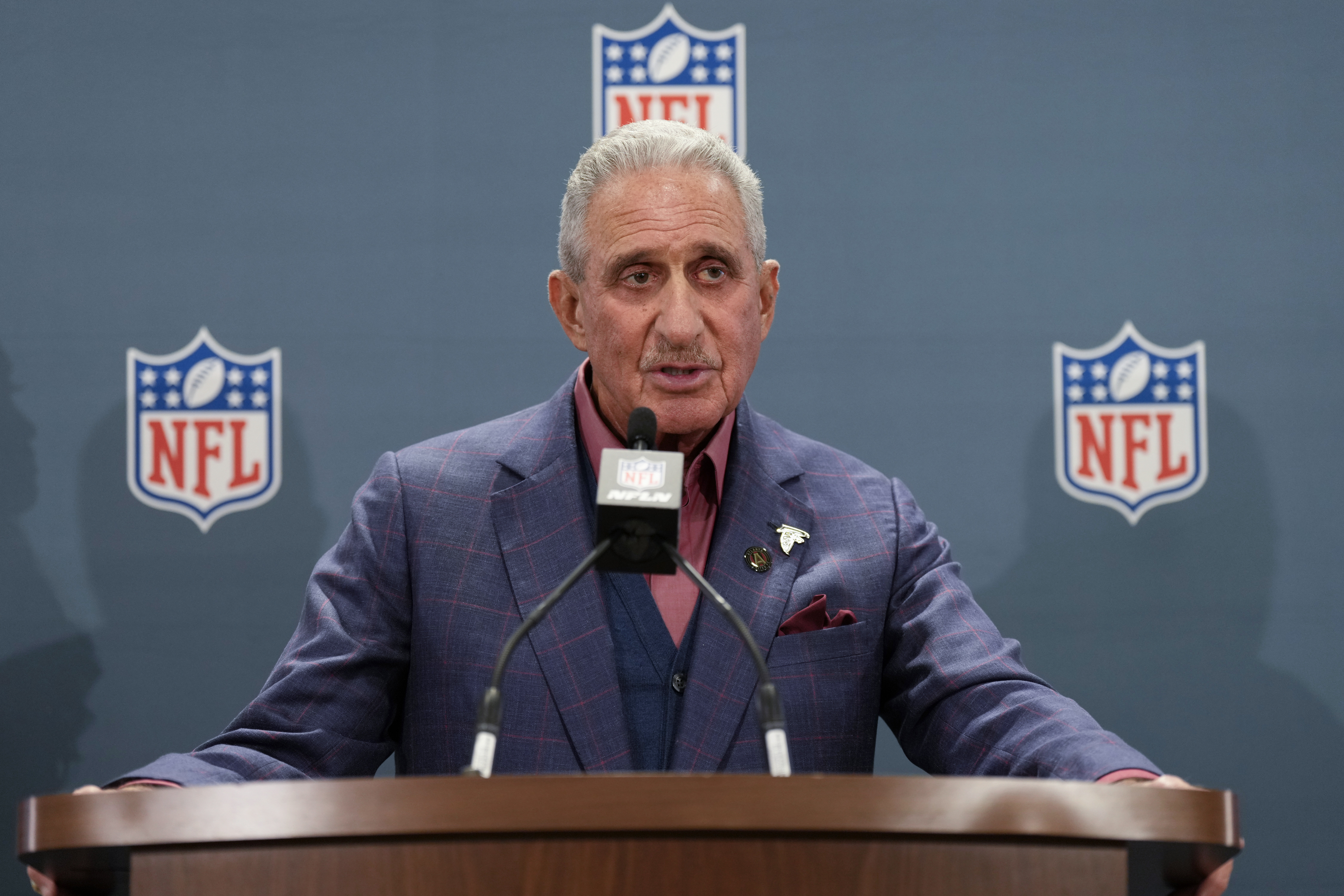 FILE - Atlanta Falcons owner Arthur Blank speaks during a news conference at the NFL football owners' spring meetings Tuesday, May 21, 2024, in Nashville, Tenn. Blank, says he is more optimistic than he has been in several years as the team prepares for the season with new coach Raheem Morris and new quarterback Kirk Cousins. 