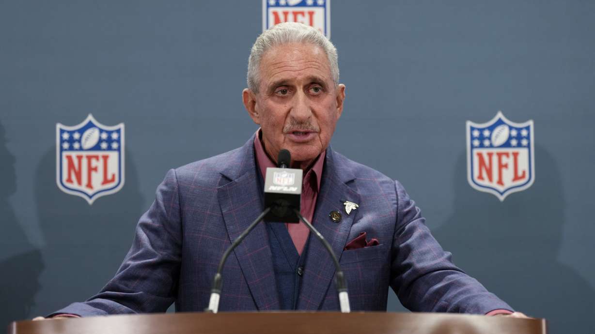 FILE - Atlanta Falcons owner Arthur Blank speaks during a news conference at the NFL football owners' spring meetings Tuesday, May 21, 2024, in Nashville, Tenn. Blank, says he is more optimistic than he has been in several years as the team prepares for the season with new coach Raheem Morris and new quarterback Kirk Cousins.
