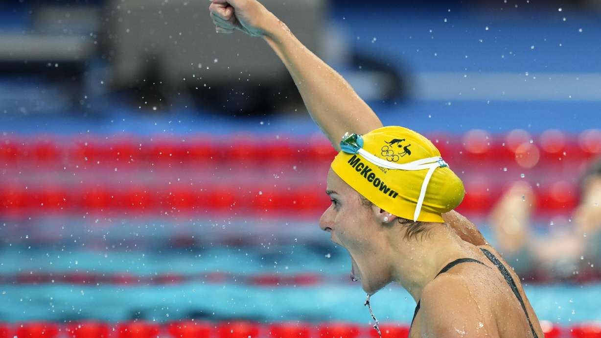 Kaylee McKeown, of Australia, after winning the women's 100-meter backstroke final at the 2024 Summer Olympics, Tuesday, July 30, 2024, in Nanterre, France.