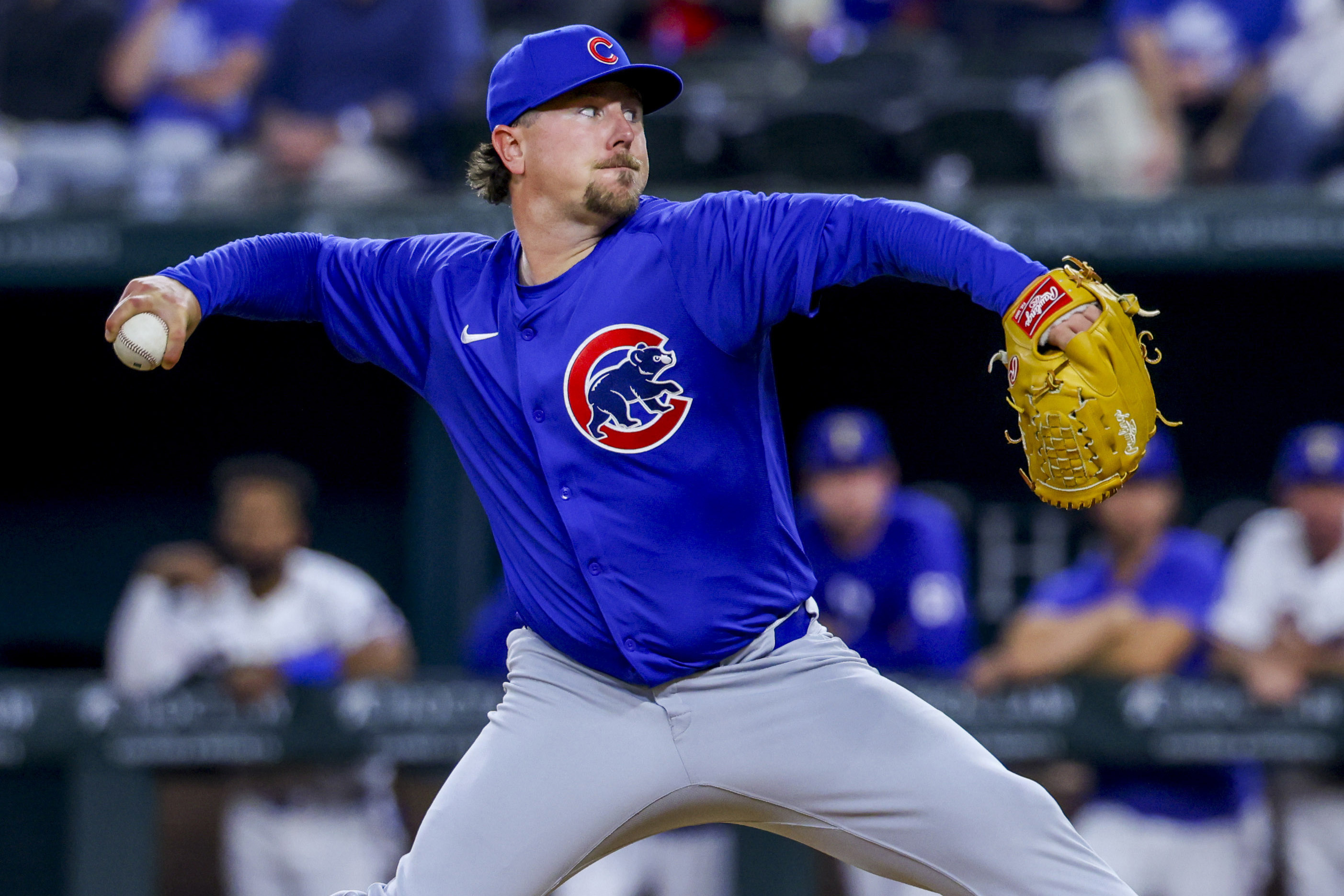FILE - Chicago Cubs relief pitcher Mark Leiter Jr. throws during a baseball game against the Texas Rangers, Thursday, March 28, 2024 in Arlington, Texas. The New York Yankees acquired Leiter from the Cubs, Tuesday, July 30 2024, to bolster their bullpen, sending right-hander Jack Neely and infielder Ben Cowles to Chicago. 