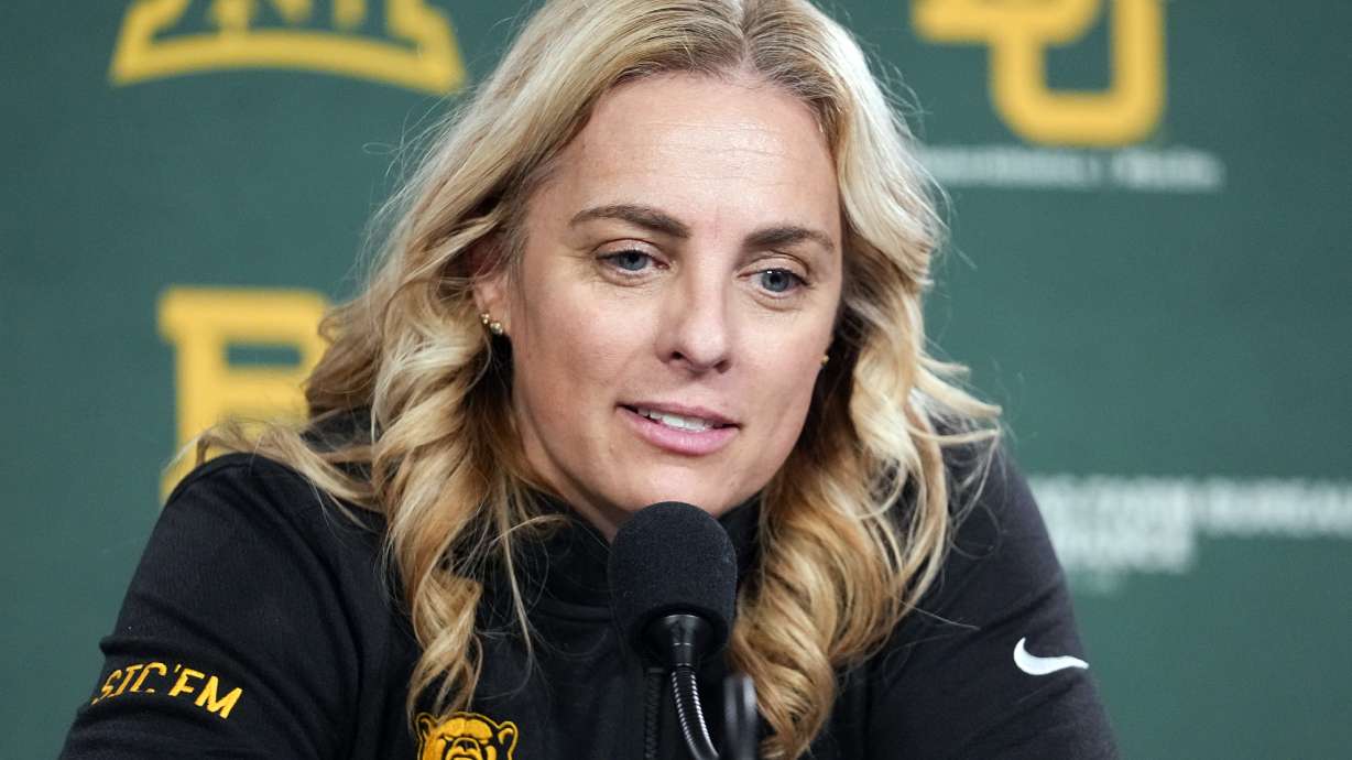 FILE - Baylor head coach Nicki Collen speaks to reporters following an NCAA college basketball game against Utah, Tuesday, Nov. 14, 2023, in Waco, Texas. Baylor has extended the contract of Collen through the 2029-30 season after a 74-28 record and NCAA Tournament appearances in each of her first three years with the Bears.