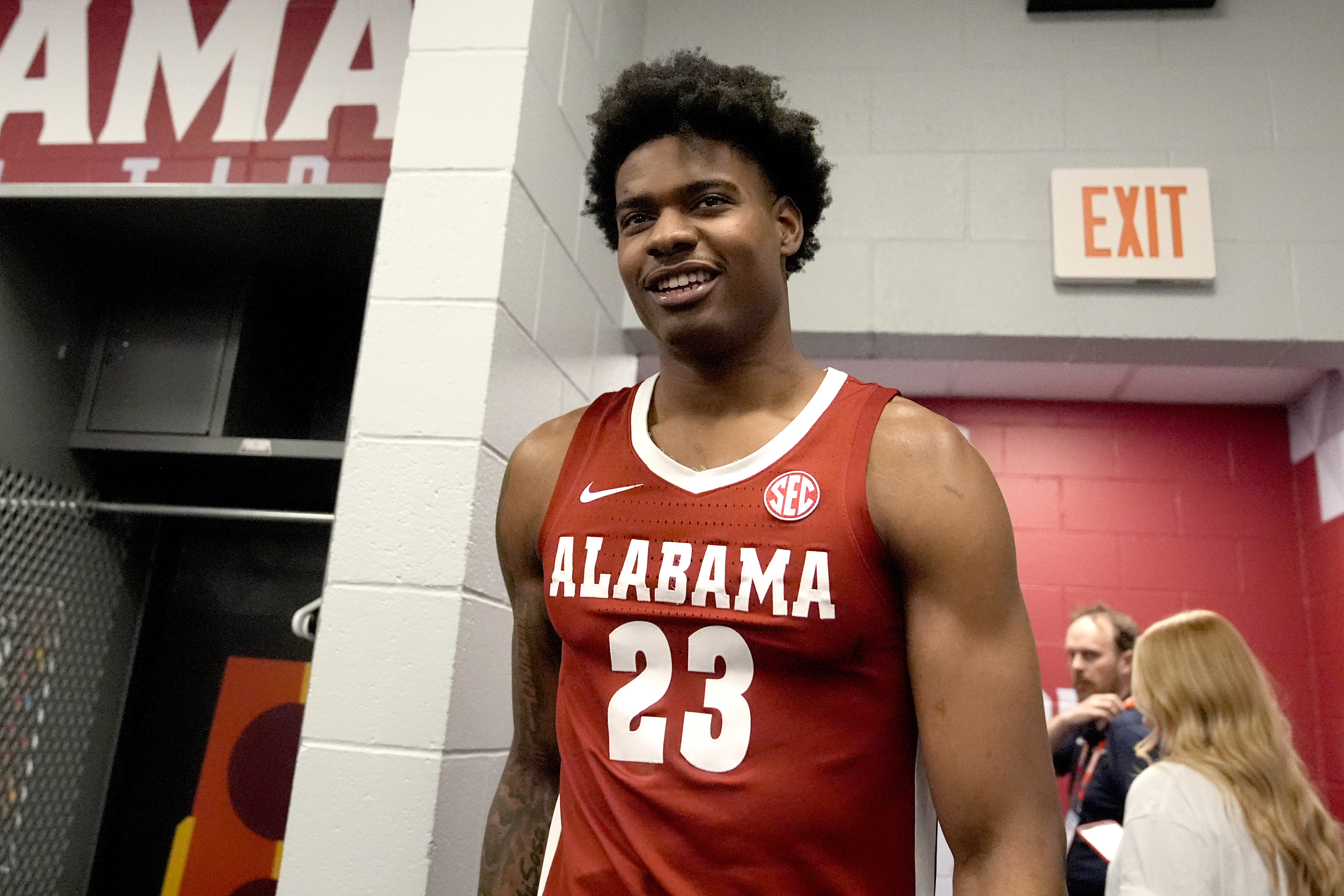 FILE - Alabama forward Nick Pringle arrives for interviews ahead of a Final Four college basketball game in the NCAA Tournament, April 4, 2024, in Glendale, Ariz. Pringle enjoyed his time at Alabama and loved playing in the Final Four a few months back, but felt he needed a change and came back to his home state to play for South Carolina. 