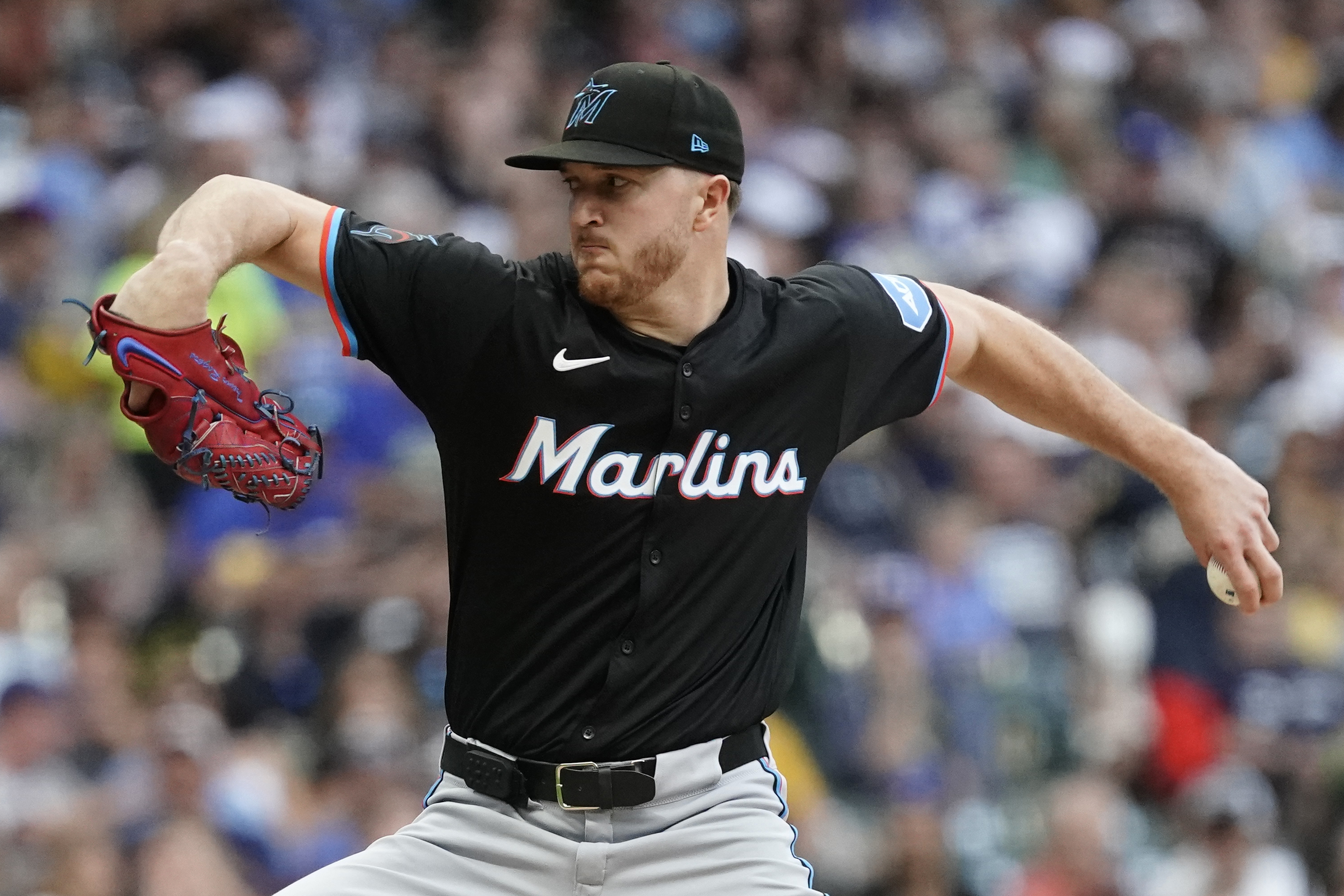 Miami Marlins' Trevor Rogers pitches during the first inning of a baseball game against the Milwaukee Brewers, Friday, July 26, 2024, in Milwaukee. 