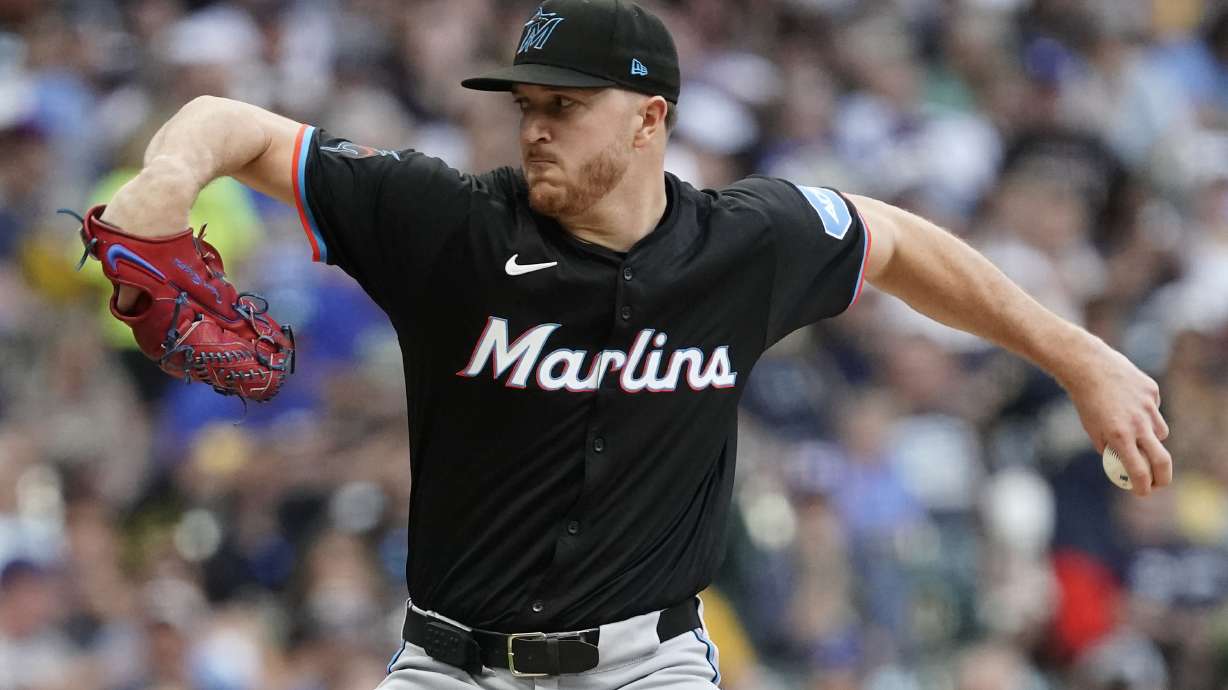 Miami Marlins' Trevor Rogers pitches during the first inning of a baseball game against the Milwaukee Brewers, Friday, July 26, 2024, in Milwaukee.