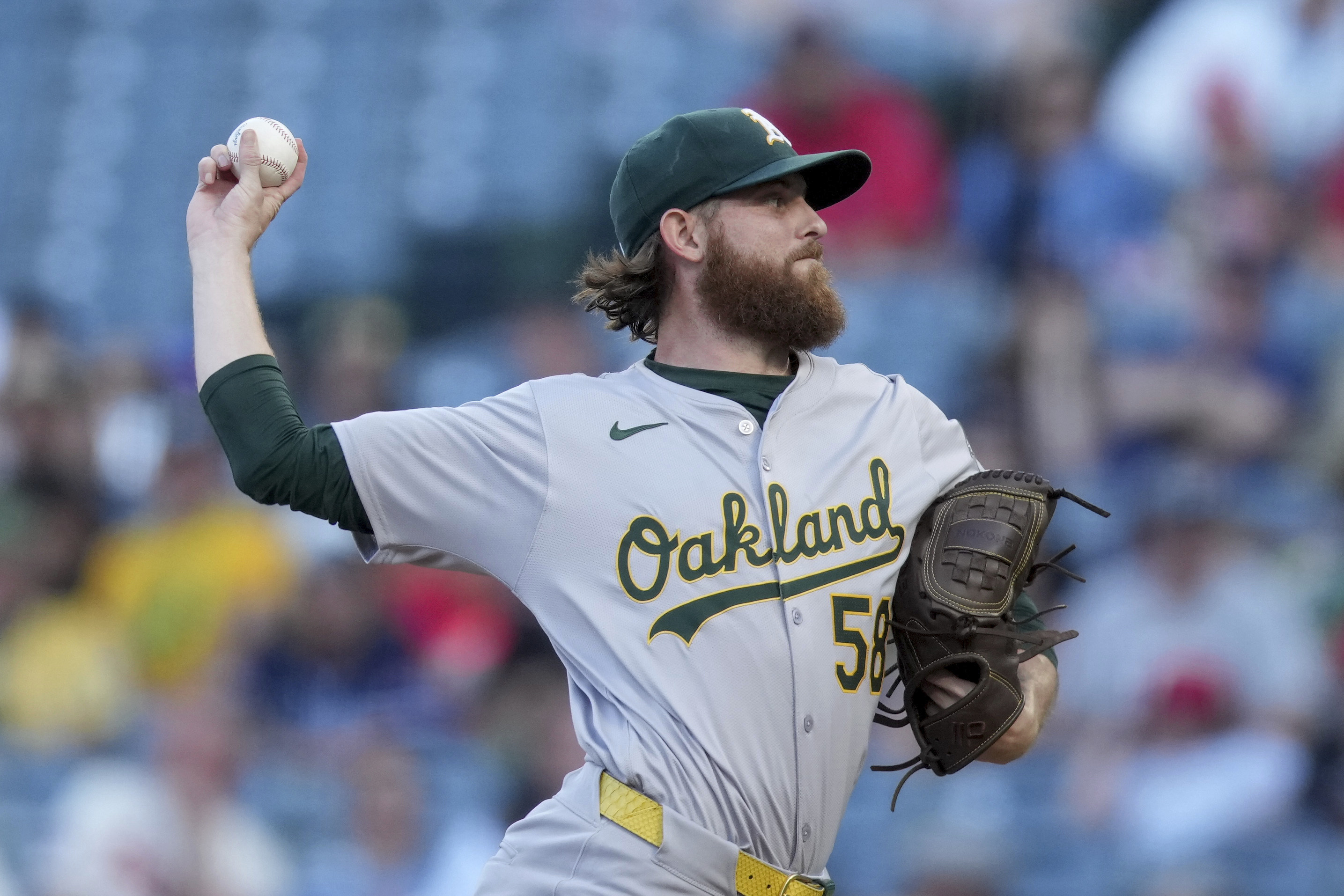 Oakland Athletics starting pitcher Paul Blackburn throws during the first inning of a baseball game against the Los Angeles Angels in Anaheim, Calif., Friday, July 26, 2024. 