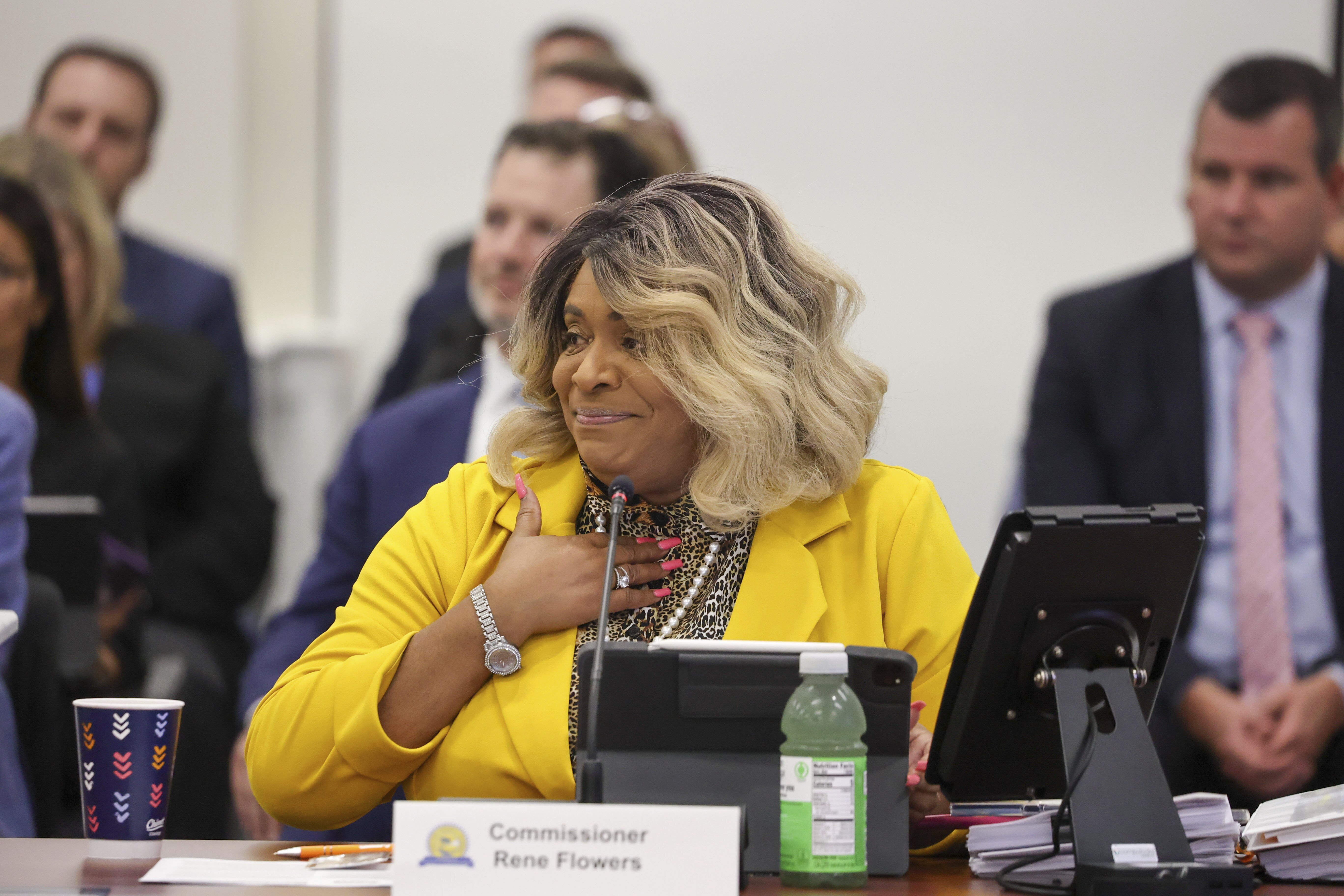 Pinellas County Commissioner Rene Flowers attends a meeting of the Pinellas County commissioners on Tuesday, July 30, 2024, in Clearwater, Fla., where they voted for funding for a new Tampa Bay Rays ballpark. 
