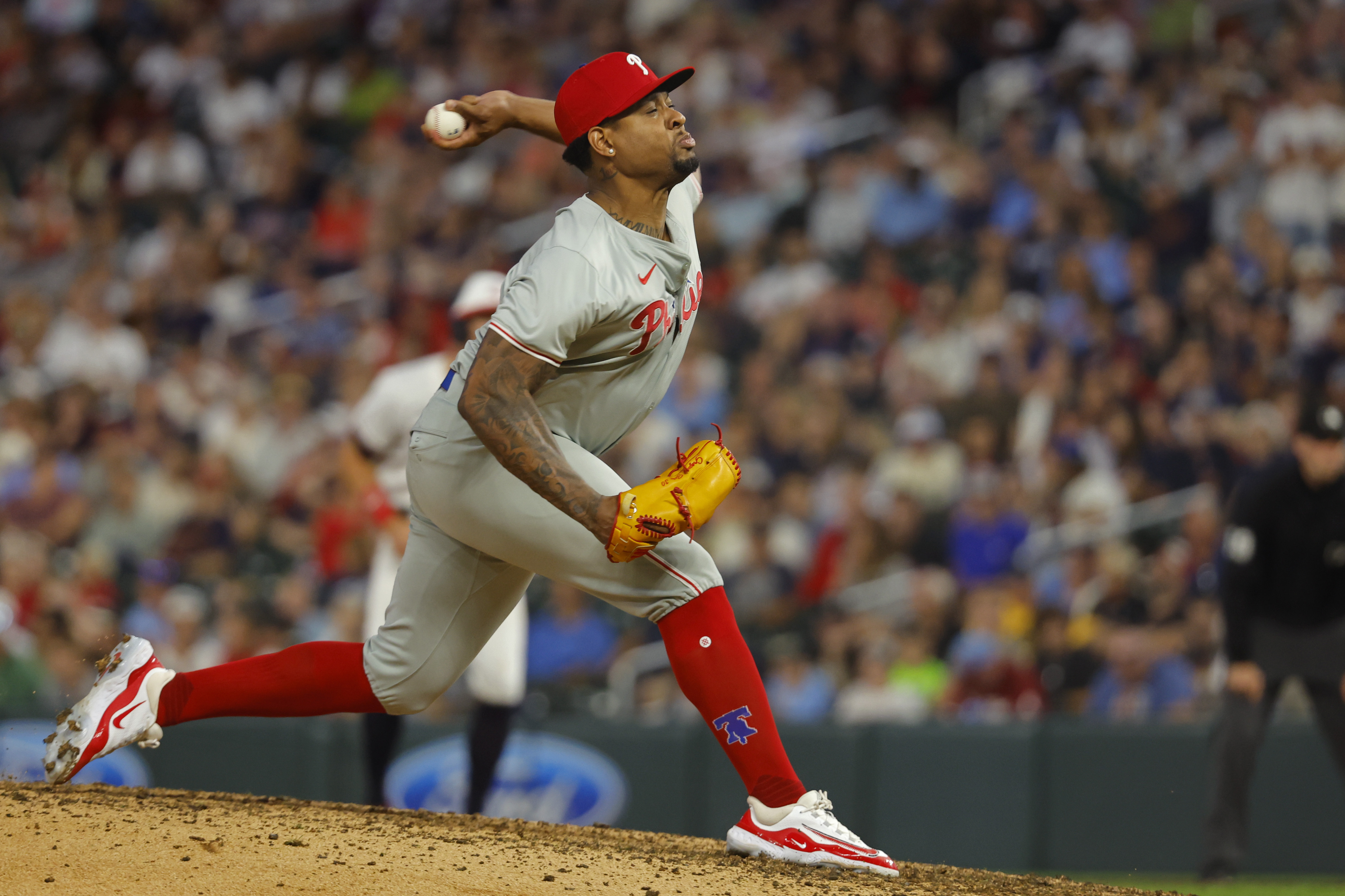 Philadelphia Phillies relief pitcher Gregory Soto throws to the Minnesota Twins in the eighth inning of a baseball game Tuesday, July 23, 2024, in Minneapolis. 