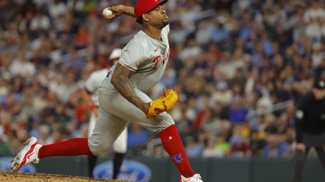 Philadelphia Phillies relief pitcher Gregory Soto throws to the Minnesota Twins in the eighth inning of a baseball game Tuesday, July 23, 2024, in Minneapolis.