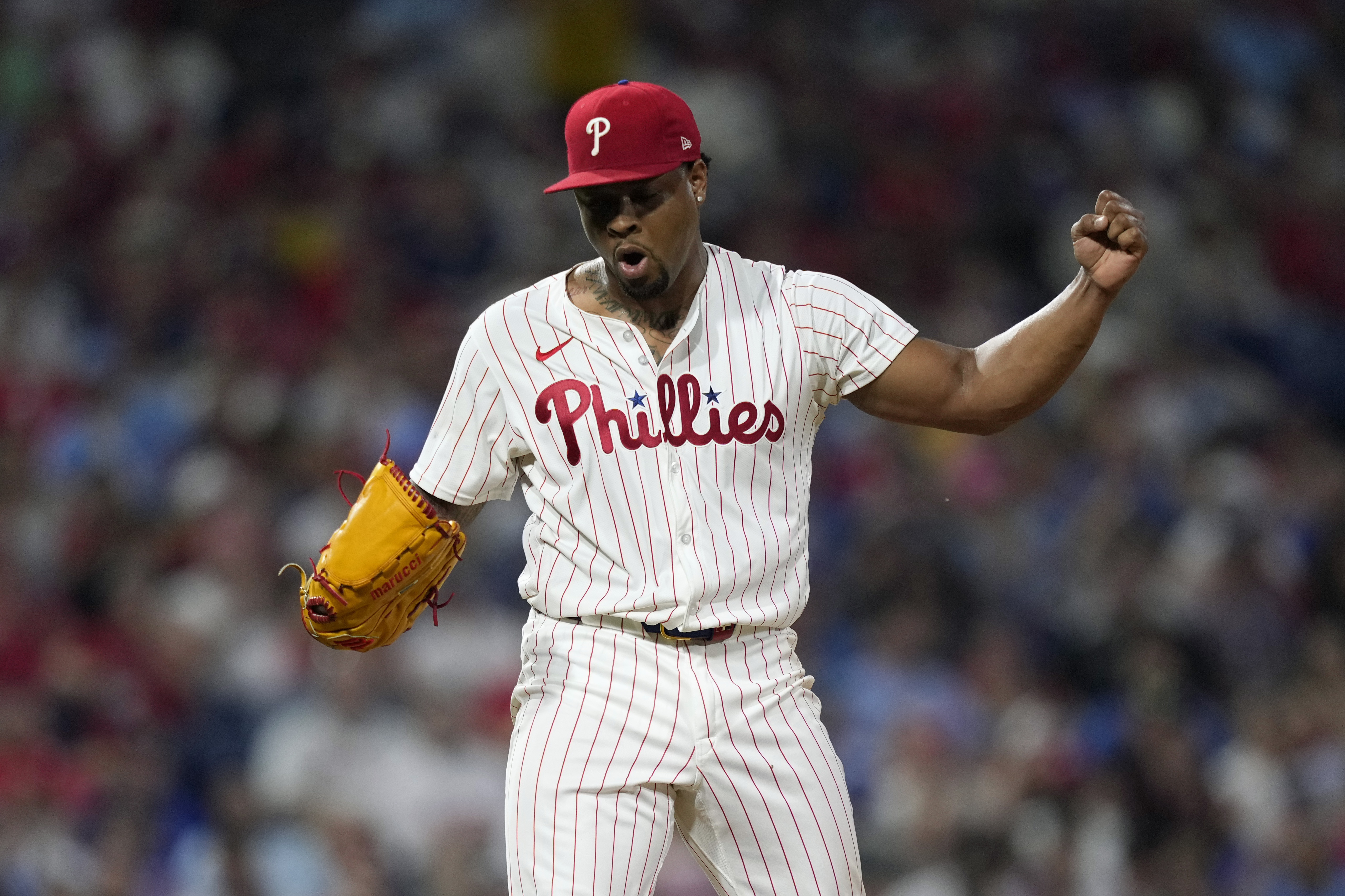 Philadelphia Phillies pitcher Gregory Soto reacts after striking out Los Angeles Dodgers' James Outman during the seventh inning of a baseball game, Tuesday, July 9, 2024, in Philadelphia. 
