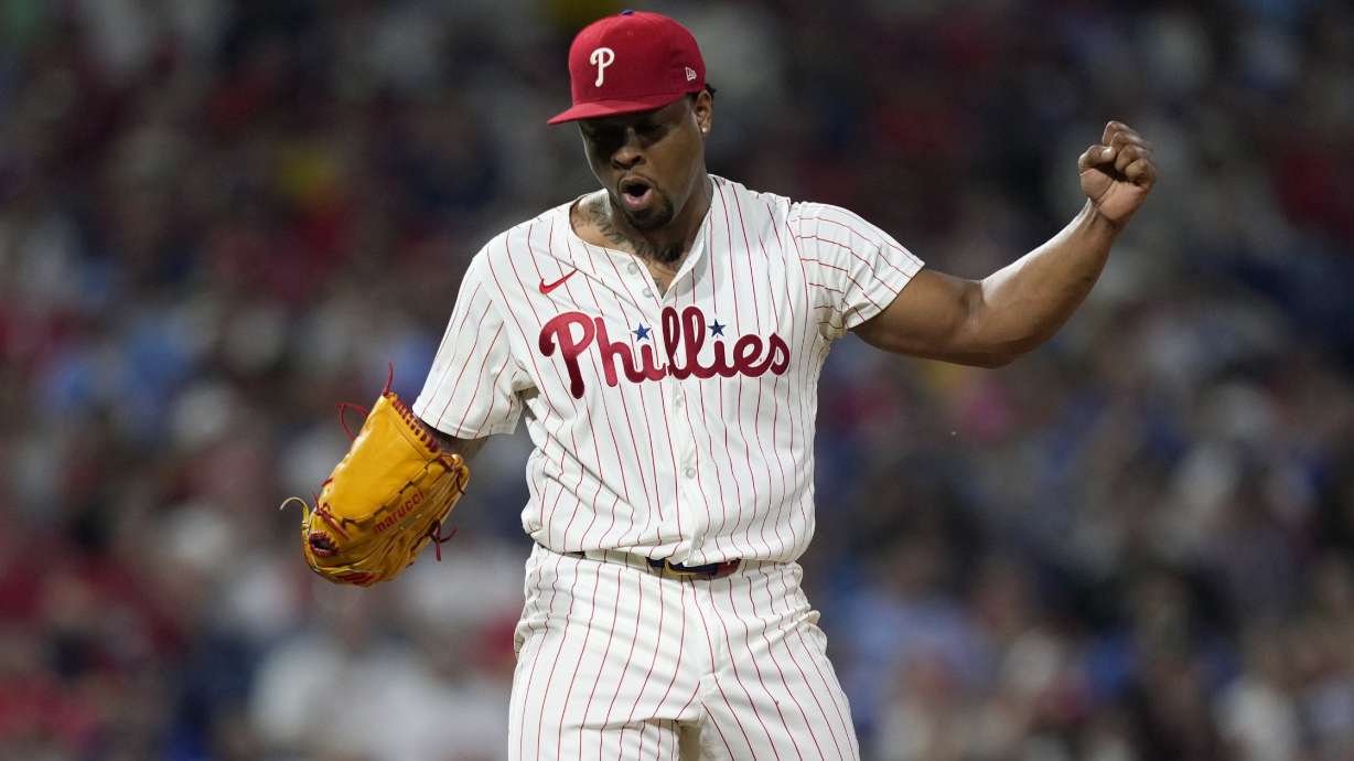 Philadelphia Phillies pitcher Gregory Soto reacts after striking out Los Angeles Dodgers' James Outman during the seventh inning of a baseball game, Tuesday, July 9, 2024, in Philadelphia.