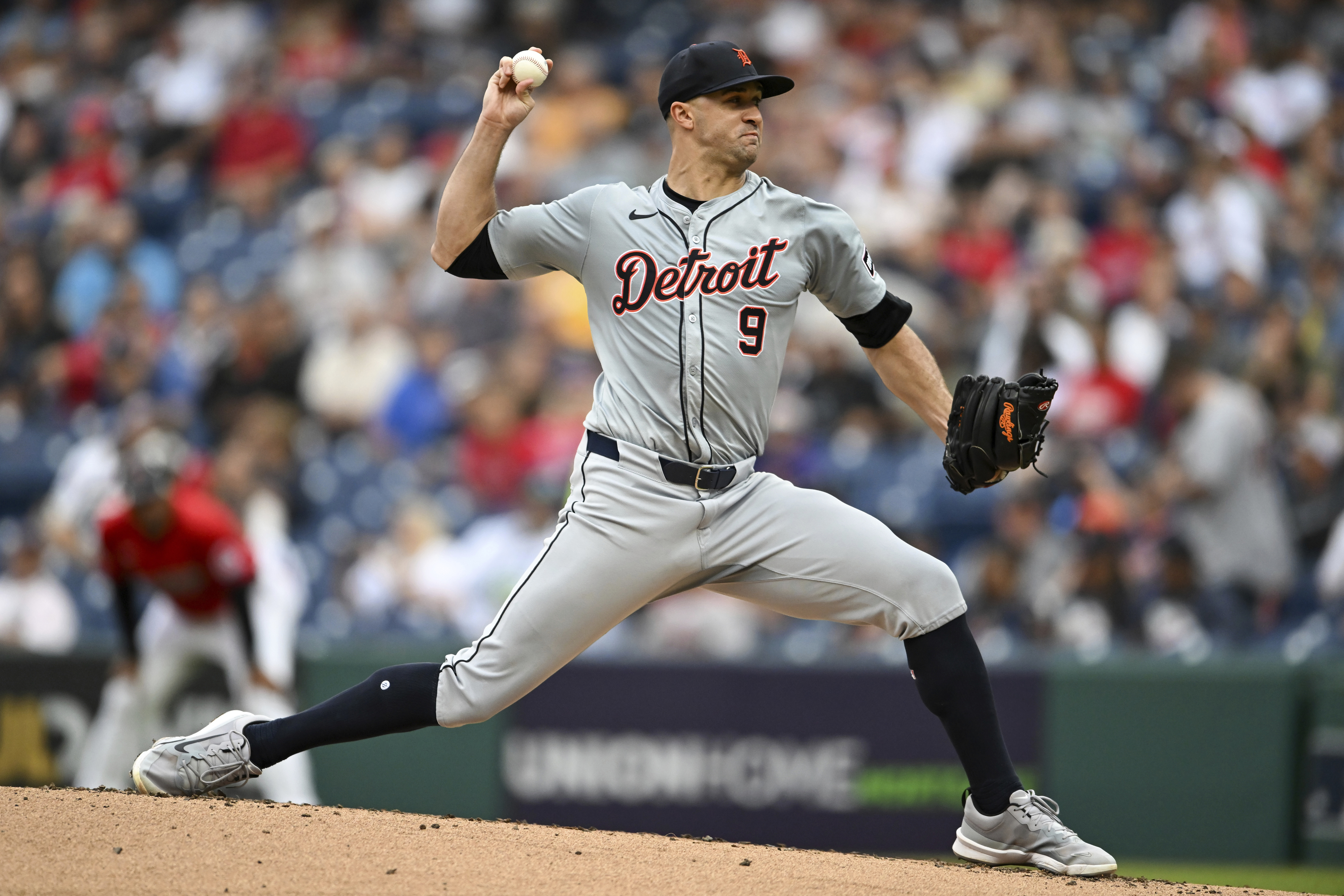 Detroit Tigers starting pitcher Jack Flaherty delivers during the first inning of a baseball game against the Cleveland Guardians, Wednesday, July 24, 2024, in Cleveland. 