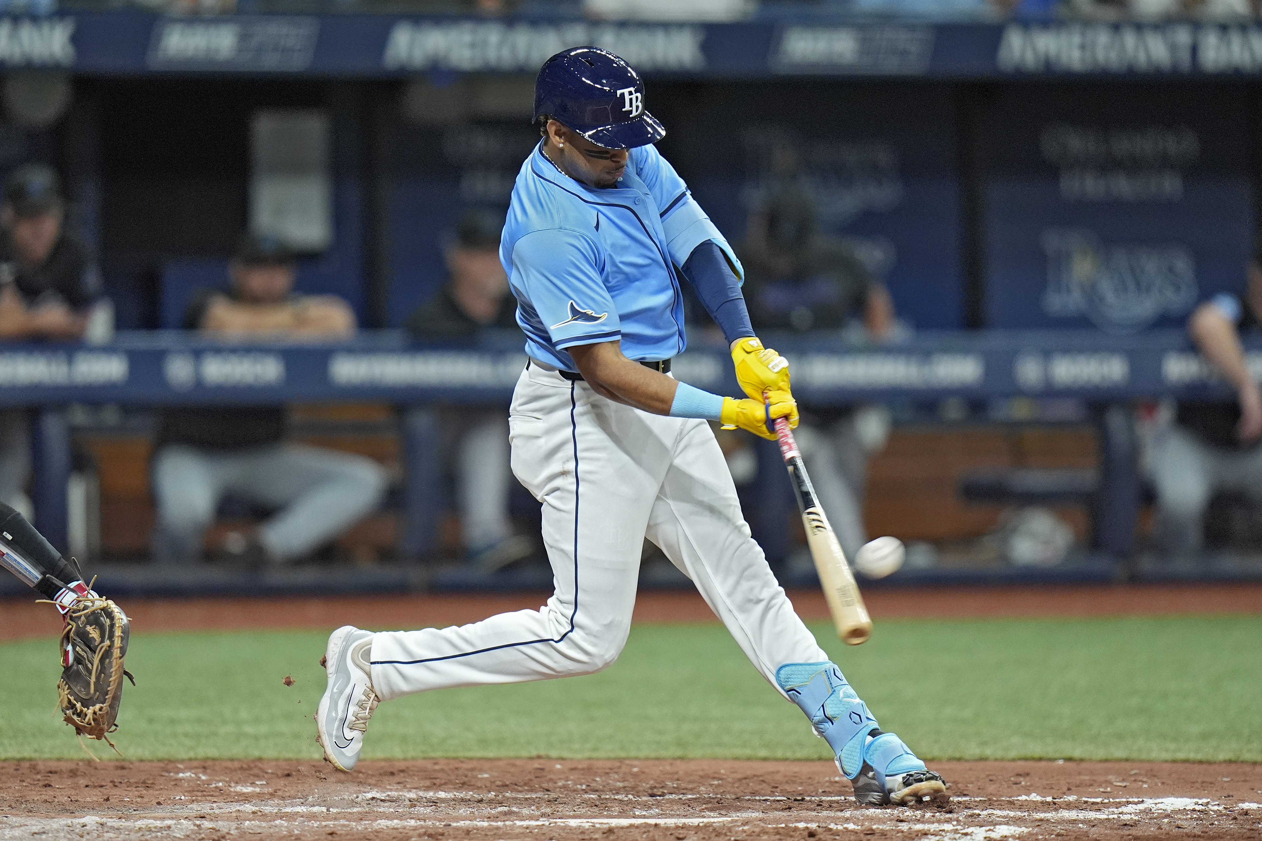 Tampa Bay Rays' Christopher Morel connects for a solo home run off Miami Marlins starting pitcher Edward Cabrera during the fourth inning of a baseball game Tuesday, July 30, 2024, in St. Petersburg, Fla. 
