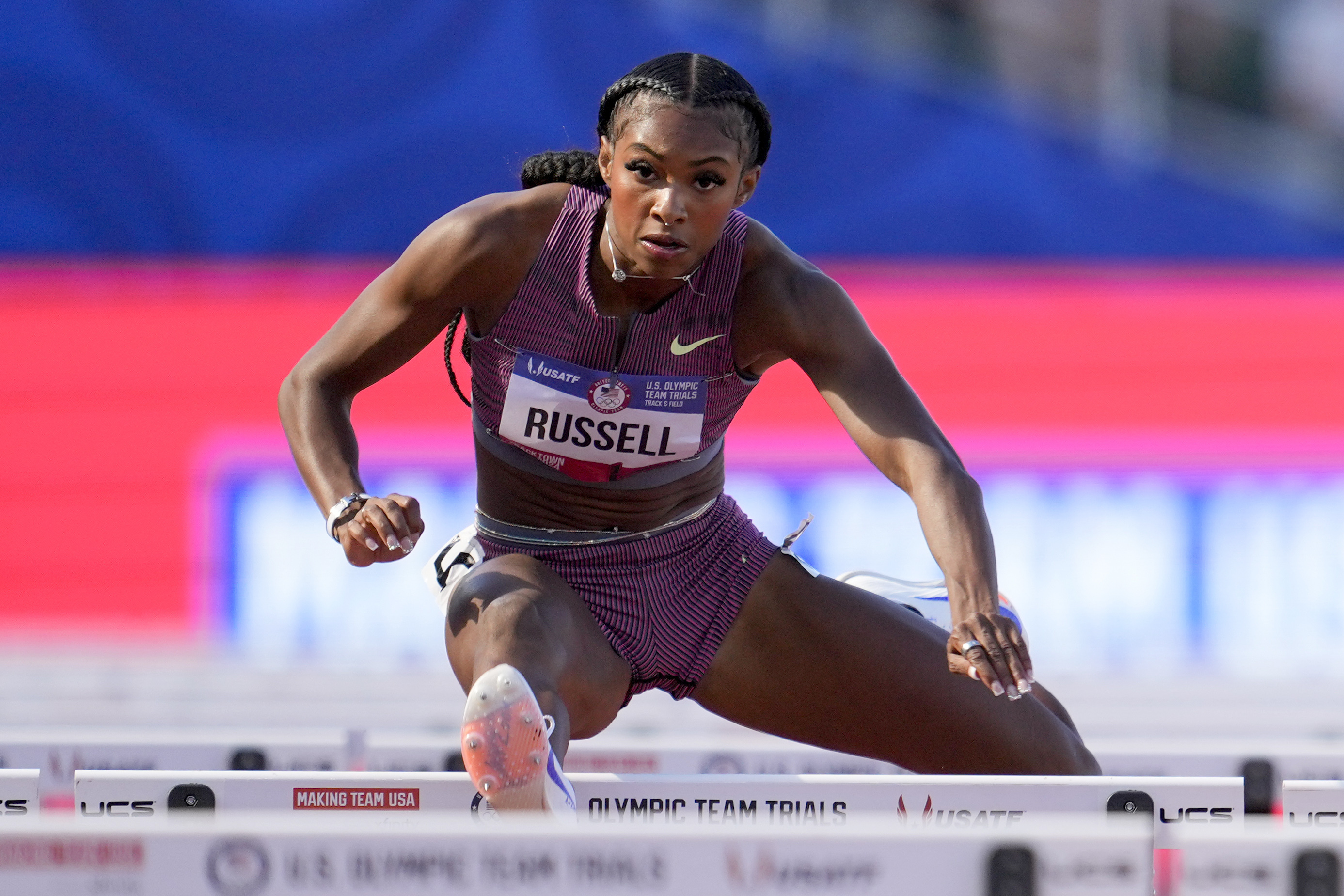 FILE - Masai Russell wins a heat women's 100-meter hurdles during the U.S. Track and Field Olympic Team Trials Friday, June 28, 2024, in Eugene, Ore. 