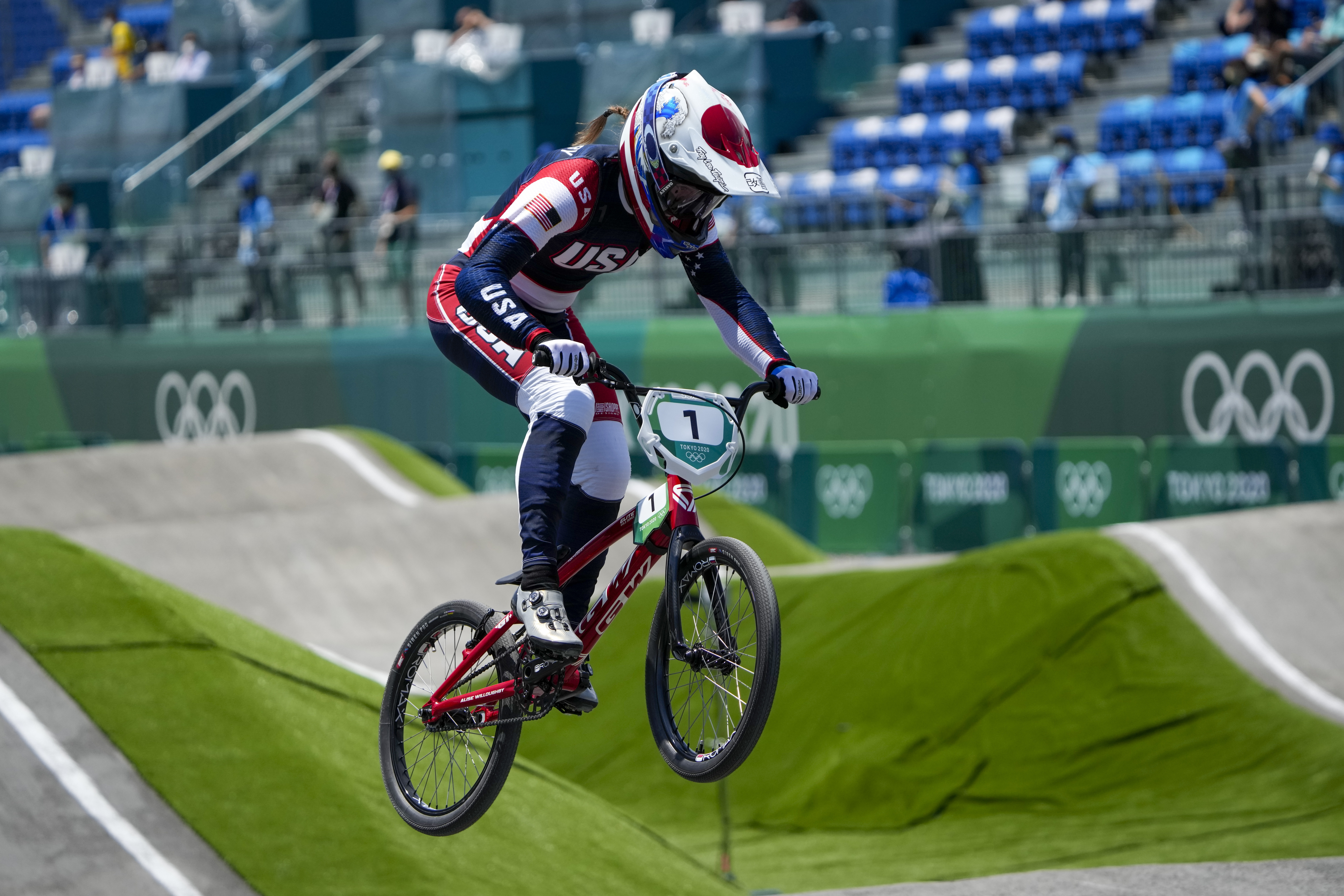 FILE - Alise Willoughby of the United States competes in the women's BMX Racing quarterfinals at the 2020 Summer Olympics, Thursday, July 29, 2021, in Tokyo, Japan. 