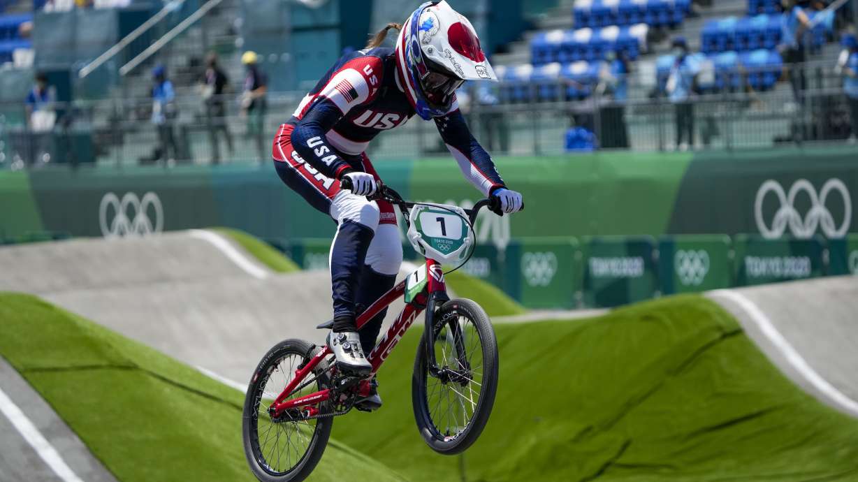 FILE - Alise Willoughby of the United States competes in the women's BMX Racing quarterfinals at the 2020 Summer Olympics, Thursday, July 29, 2021, in Tokyo, Japan.