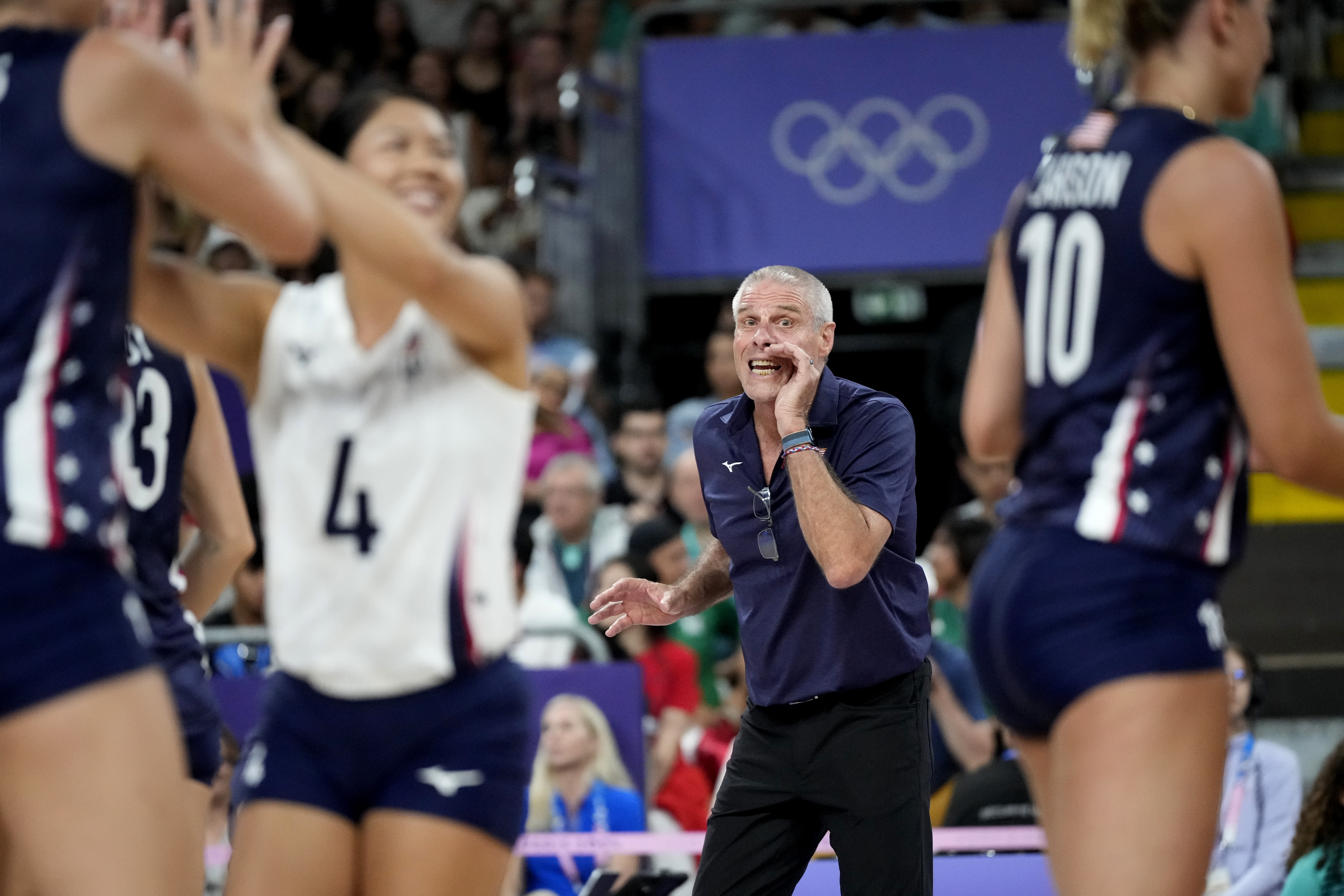 United States'coach Karch Kiraly gives directions to players during the group A women's volleyball match between the United States and China at the 2024 Summer Olympics, Monday, July 29, 2024, in Paris, France. 
