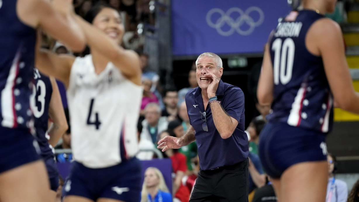 United States'coach Karch Kiraly gives directions to players during the group A women's volleyball match between the United States and China at the 2024 Summer Olympics, Monday, July 29, 2024, in Paris, France.