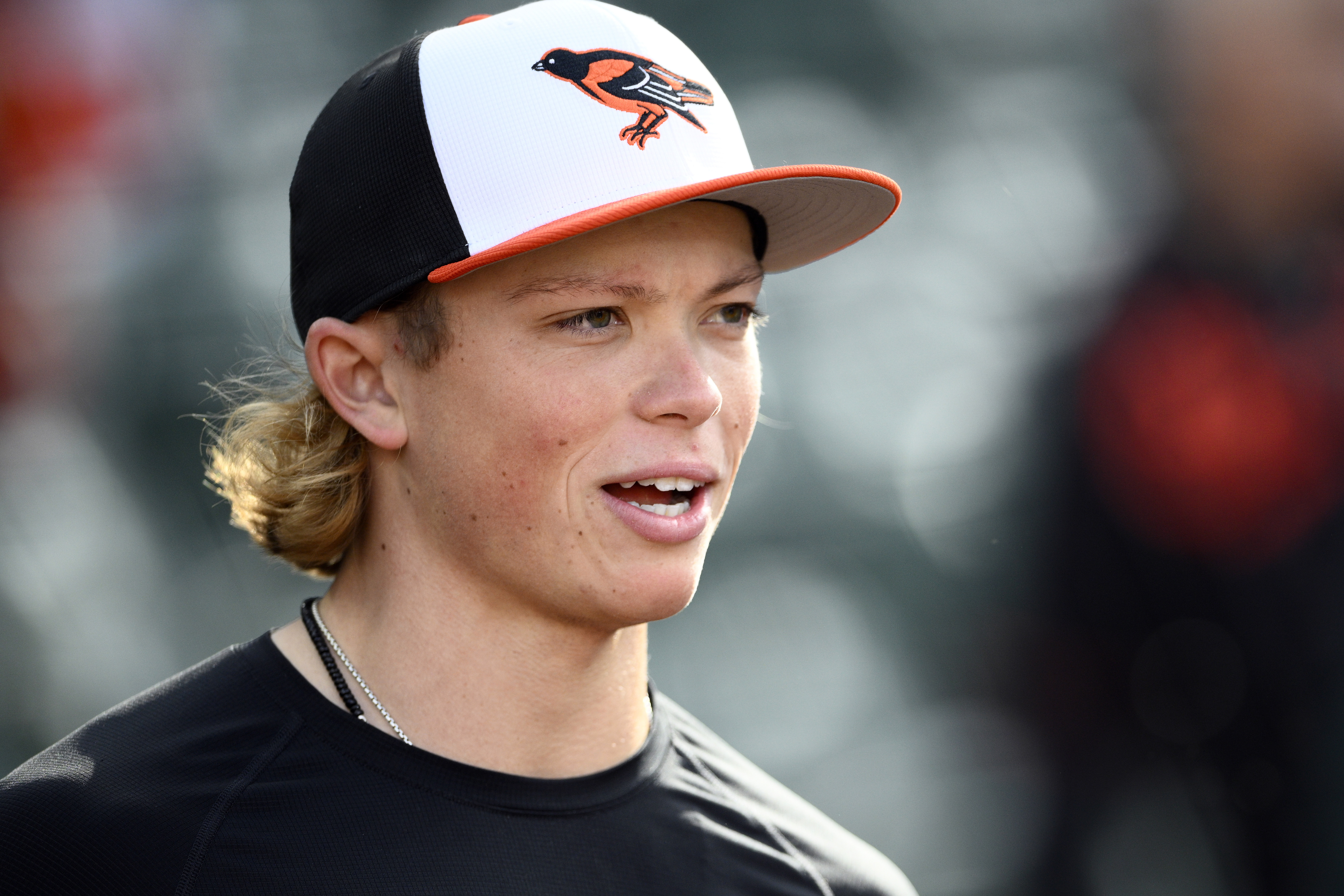 FILE - Baltimore Orioles' Jackson Holliday works out before a baseball game against the Milwaukee Brewers, Friday, April 12, 2024, in Baltimore. The Baltimore Orioles recalled the top-ranked prospect from Triple-A Norfolk on Wednesday, July 31, 2024, giving the infielder his second shot at the major leagues. 