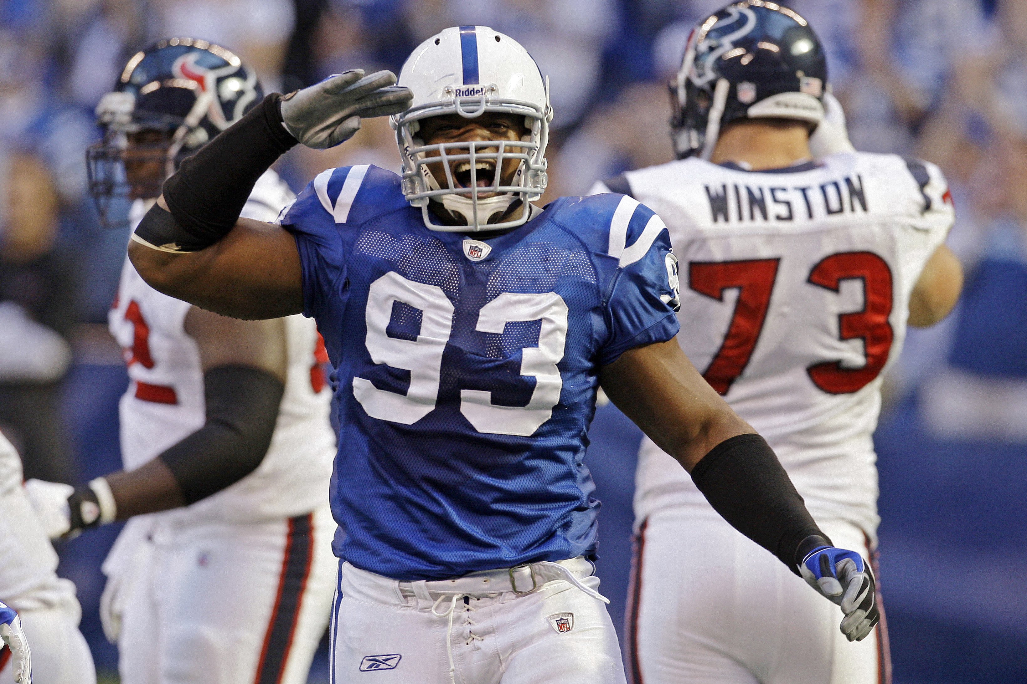 FILE - Indianapolis Colts defensive end Dwight Freeney  reacts after a sack of Houston Texans quarterback Matt Schaub during the second quarter of an NFL football game in Indianapolis, Sunday, Nov. 8, 2009. (AP Photo/Darron Cummings, File0