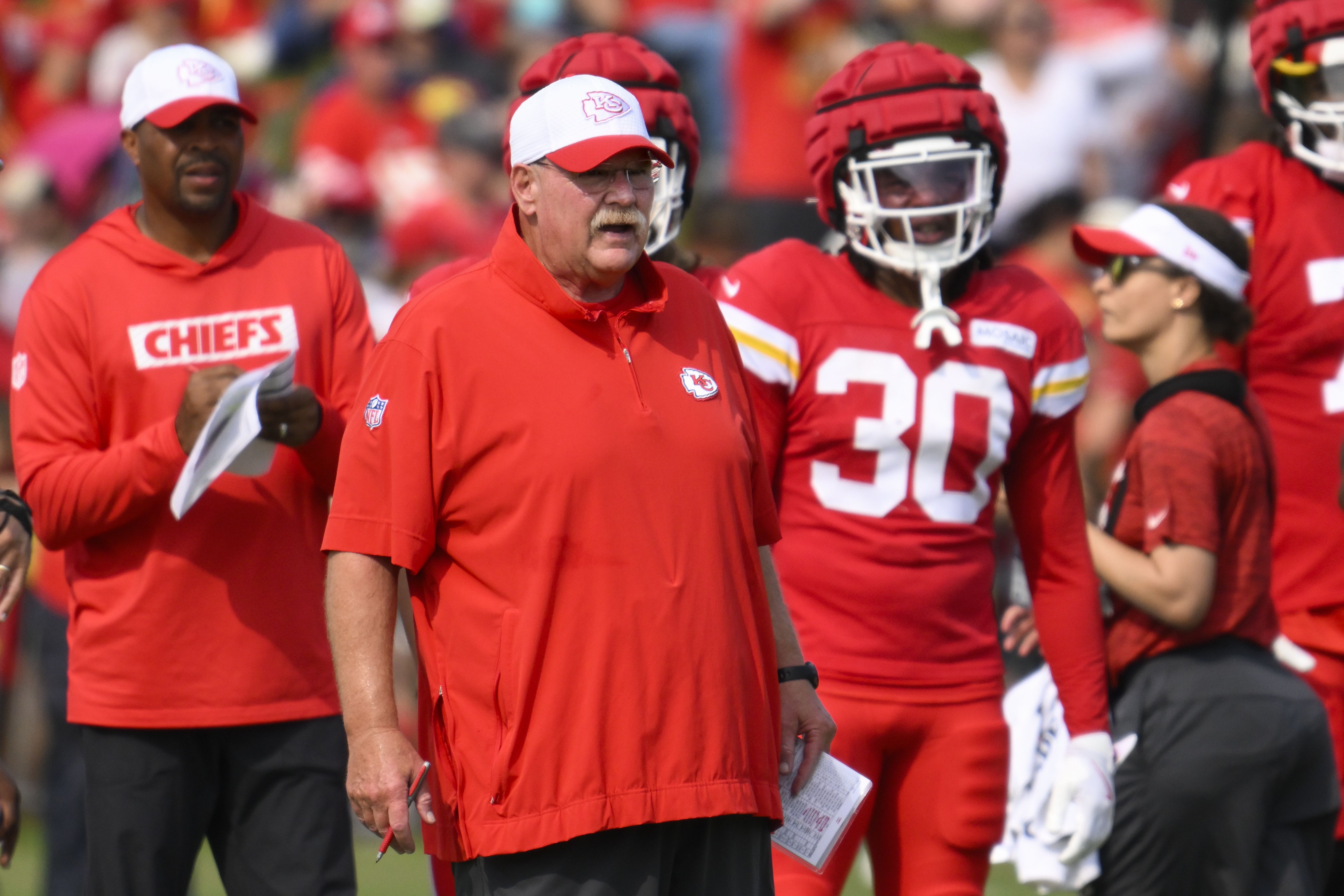 Kansas City Chiefs head coach Andy Reid watches during NFL football training camp Saturday, July 27, 2024, in St. Joseph, Mo. 