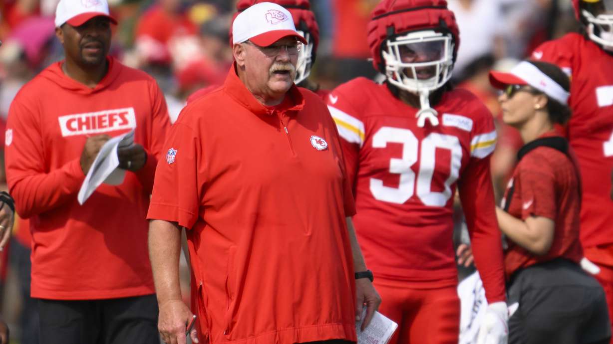 Kansas City Chiefs head coach Andy Reid watches during NFL football training camp Saturday, July 27, 2024, in St. Joseph, Mo.