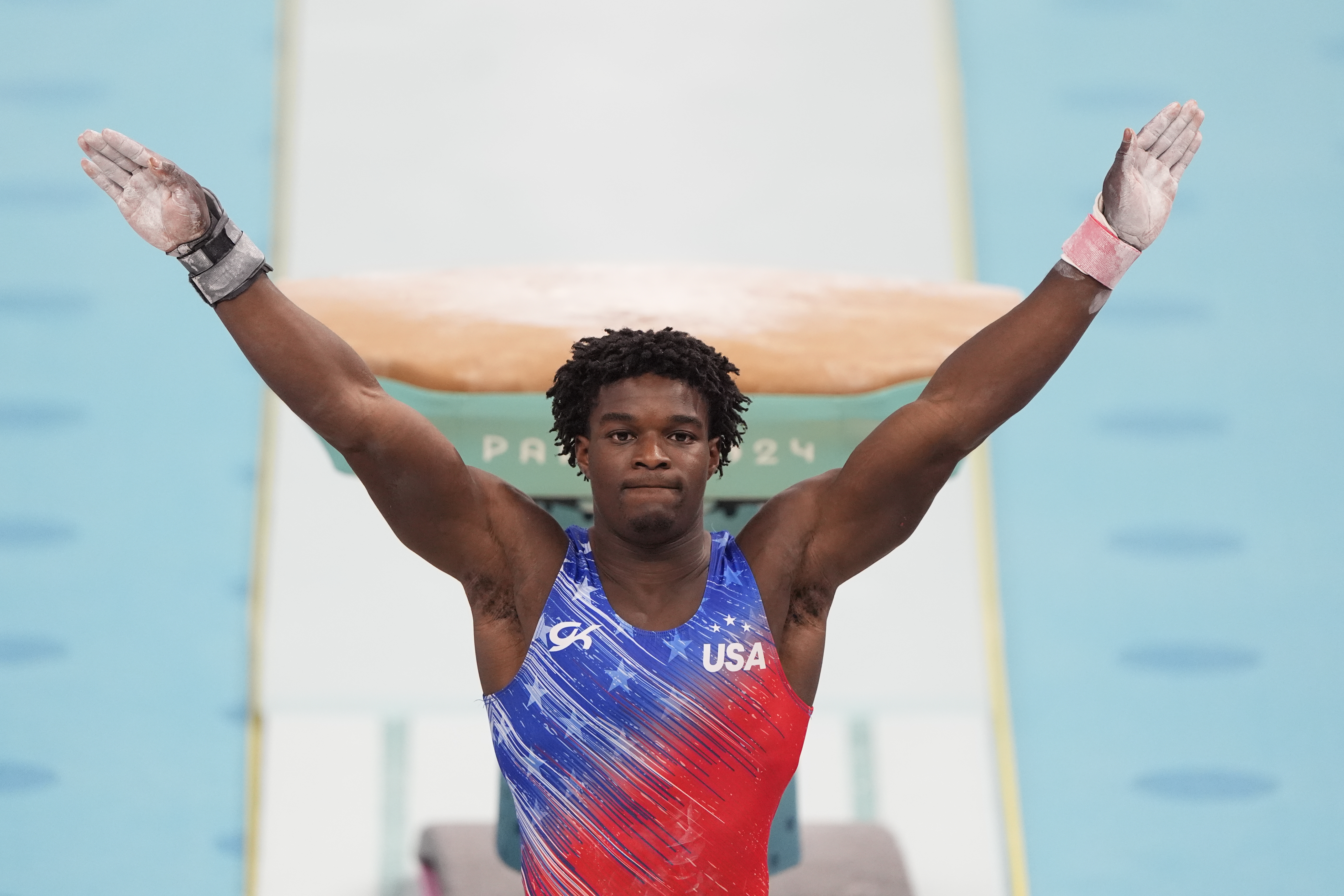 Frederick Richard, of the United States, performs on the vault during the men's artistic gymnastics all-around finals in Bercy Arena at the 2024 Summer Olympics, Wednesday, July 31, 2024, in Paris, France. 