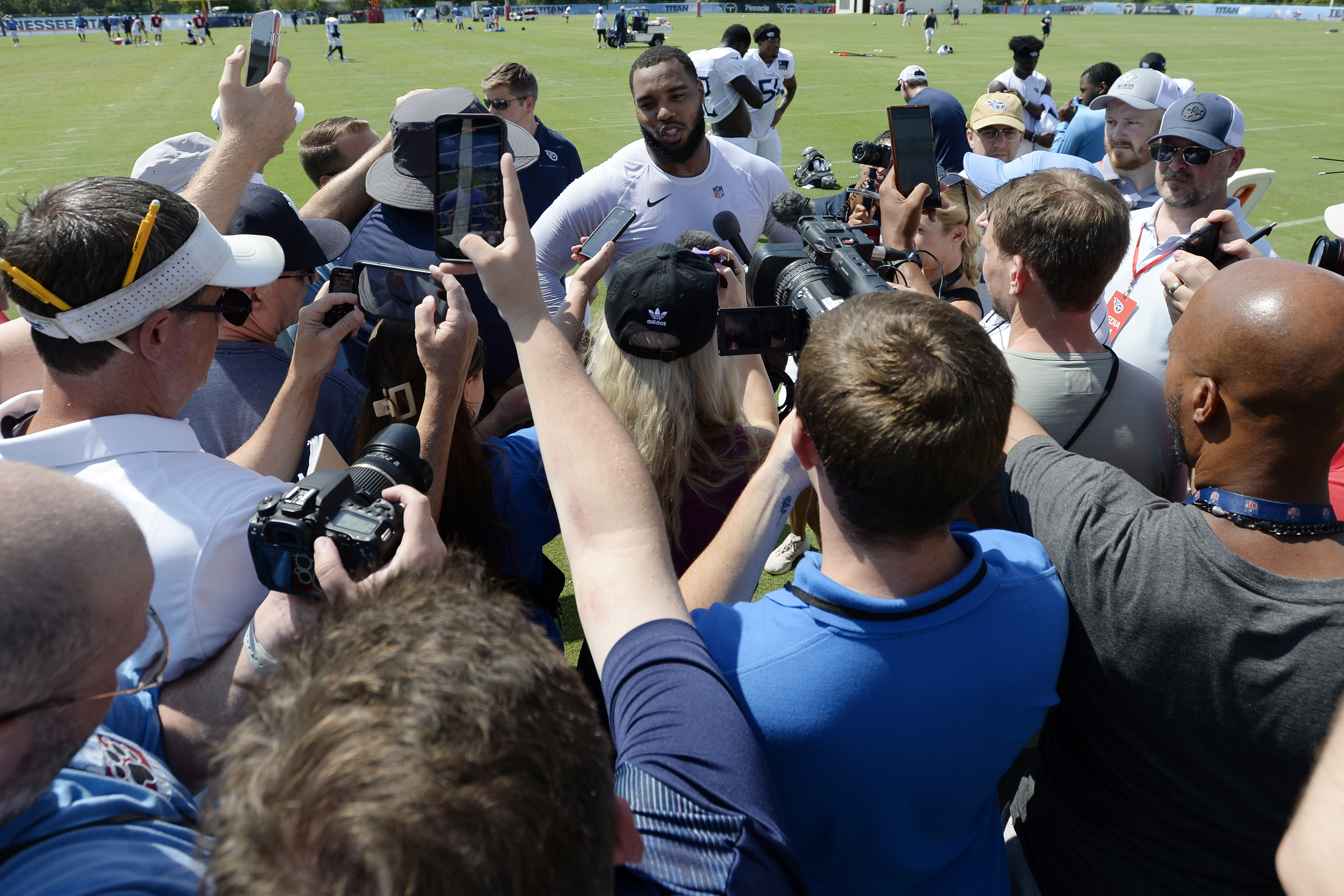 Tennessee Titans defensive tackle Jeffery Simmons responds to questions from the media at NFL football training camp, Wednesday, July, 31, 2024, in Nashville, Tenn. 