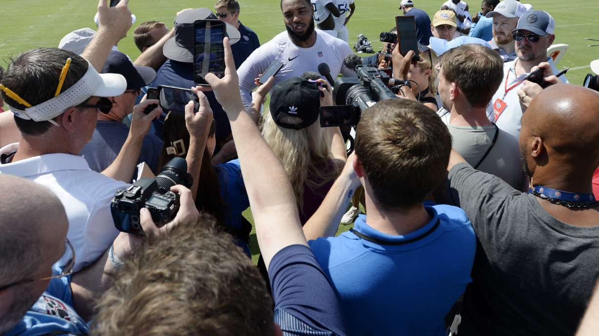 Tennessee Titans defensive tackle Jeffery Simmons responds to questions from the media at NFL football training camp, Wednesday, July, 31, 2024, in Nashville, Tenn.