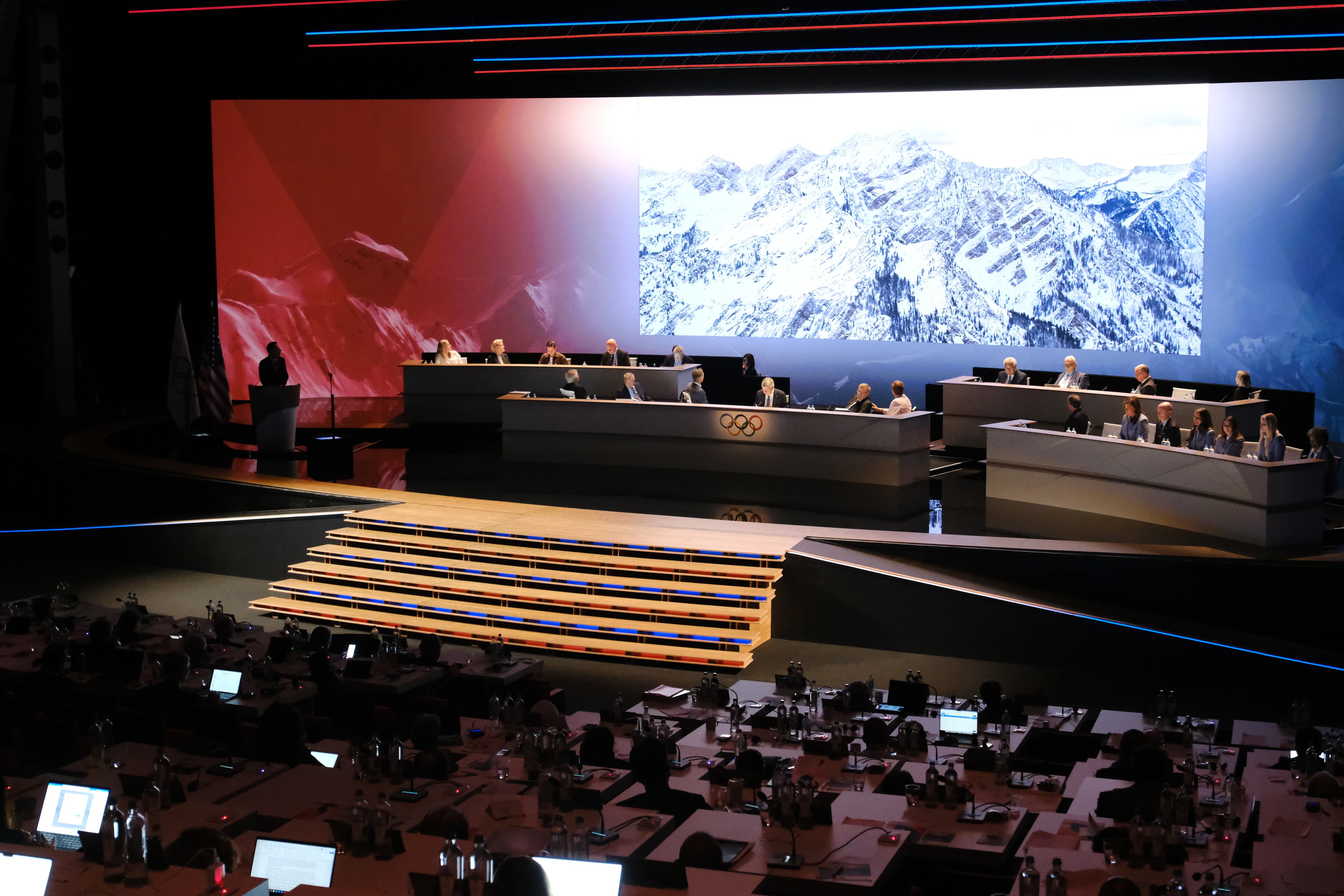 Fraser Bullock, president and CEO of the Salt Lake City-Utah Committee for the Games shows a video during his presentation before Salt Lake City was named Olympics host again July 24 in Paris, France.