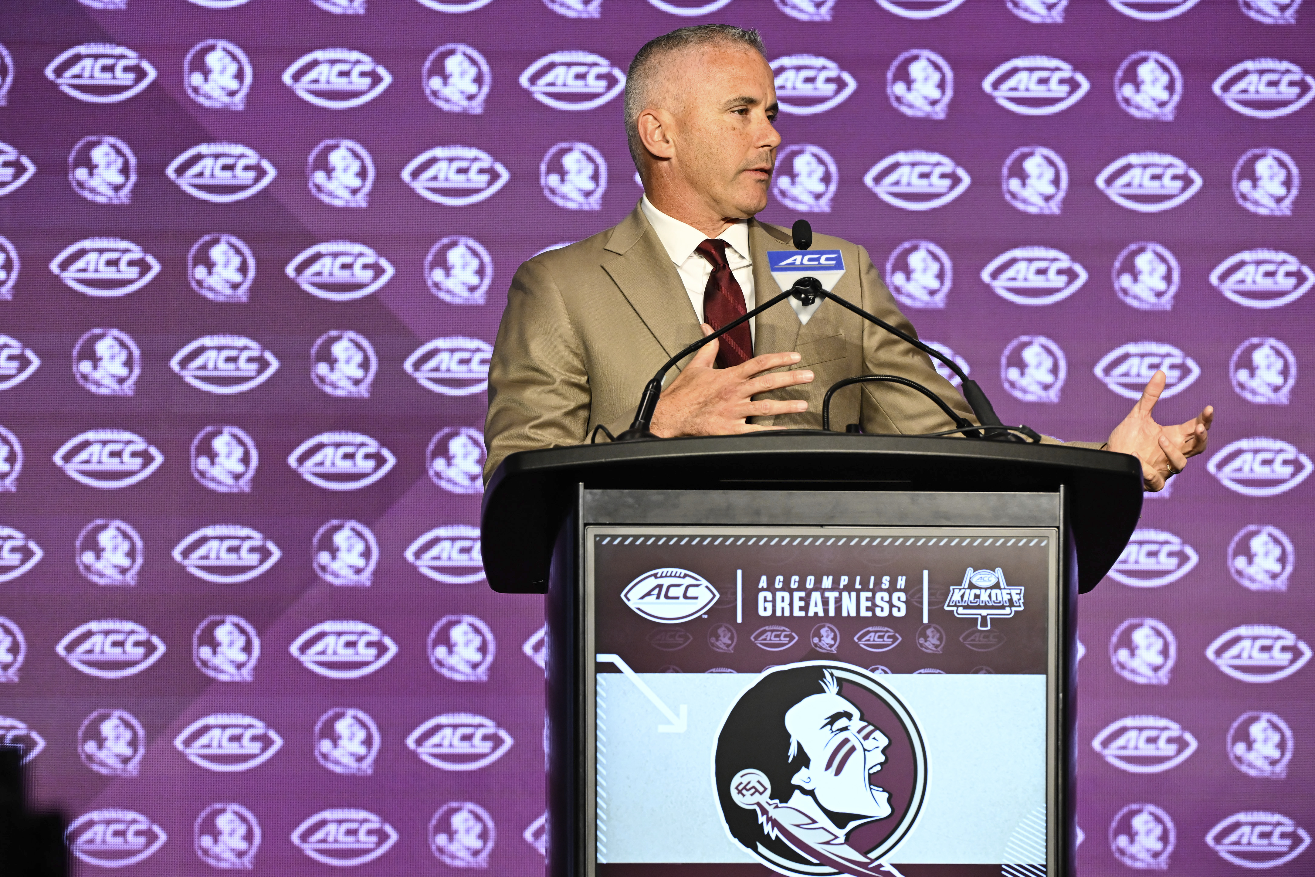 Florida State head coach Mike Norvell speaks during the Atlantic Coast Conference NCAA college football media days, Monday, July 22, 2024, in Charlotte, N.C. 