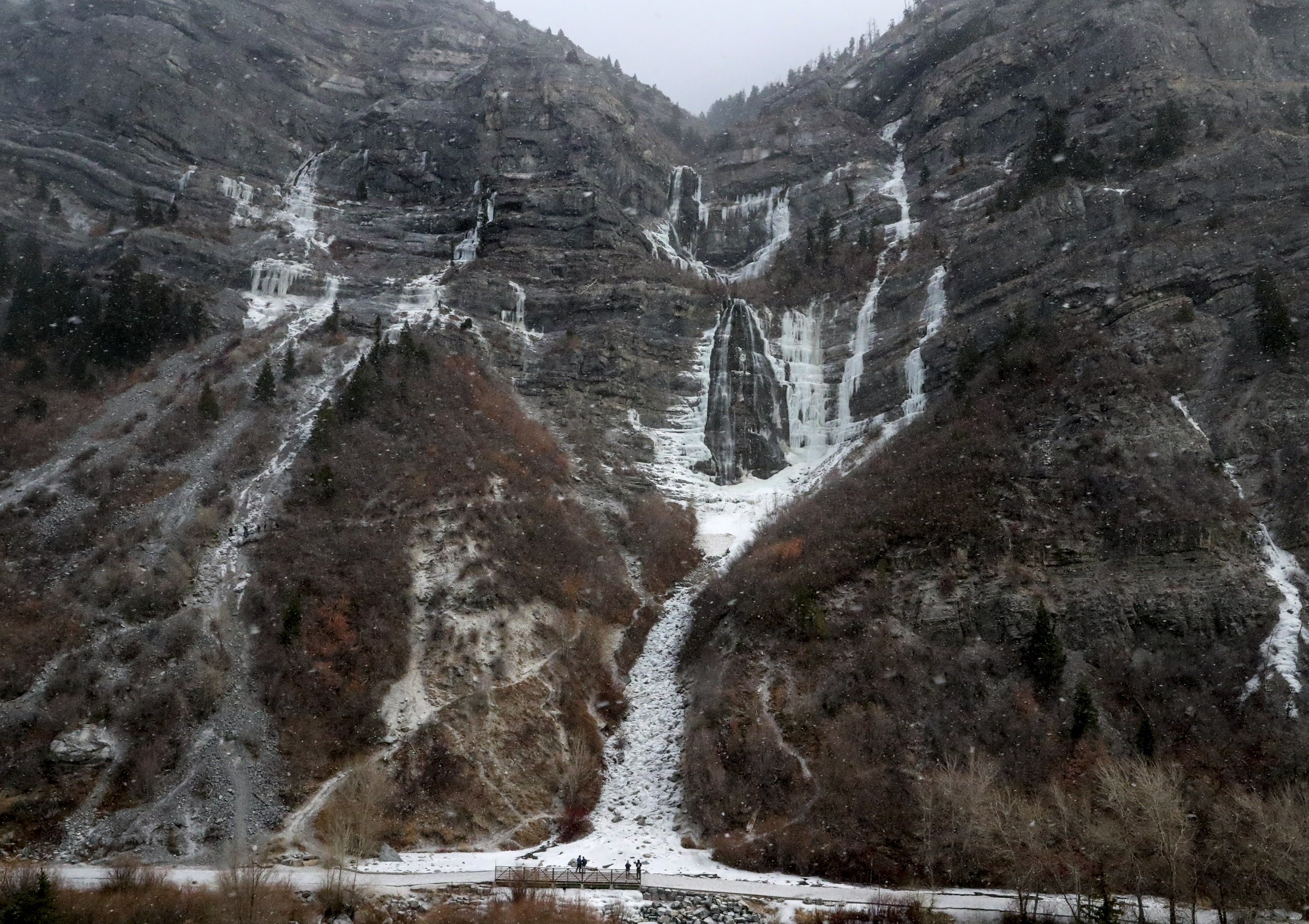 Bridal Veil Falls in Provo Canyon is pictured on Dec. 11, 2020. The Provo River Trail is seen at the bottom of the photo as it runs through the canyon.