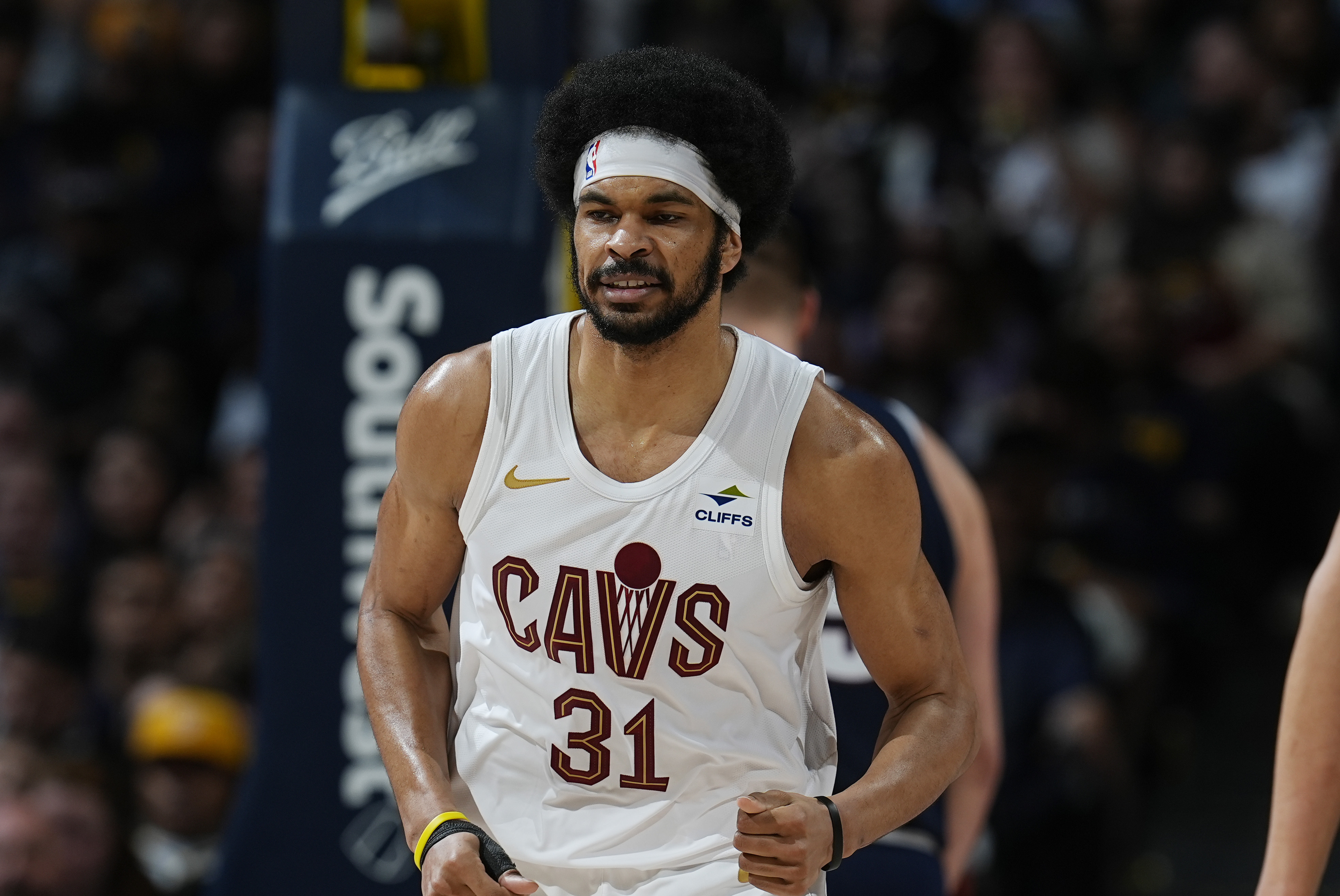 FILE - Cleveland Cavaliers center Jarrett Allen (31) in the second half of an NBA basketball game, March 31, 2024, in Denver. Allen has agreed to a three-year, $91 million contract extension with Cleveland, a person familiar with the negotiations told The Associated Press on Wednesday, July 31.