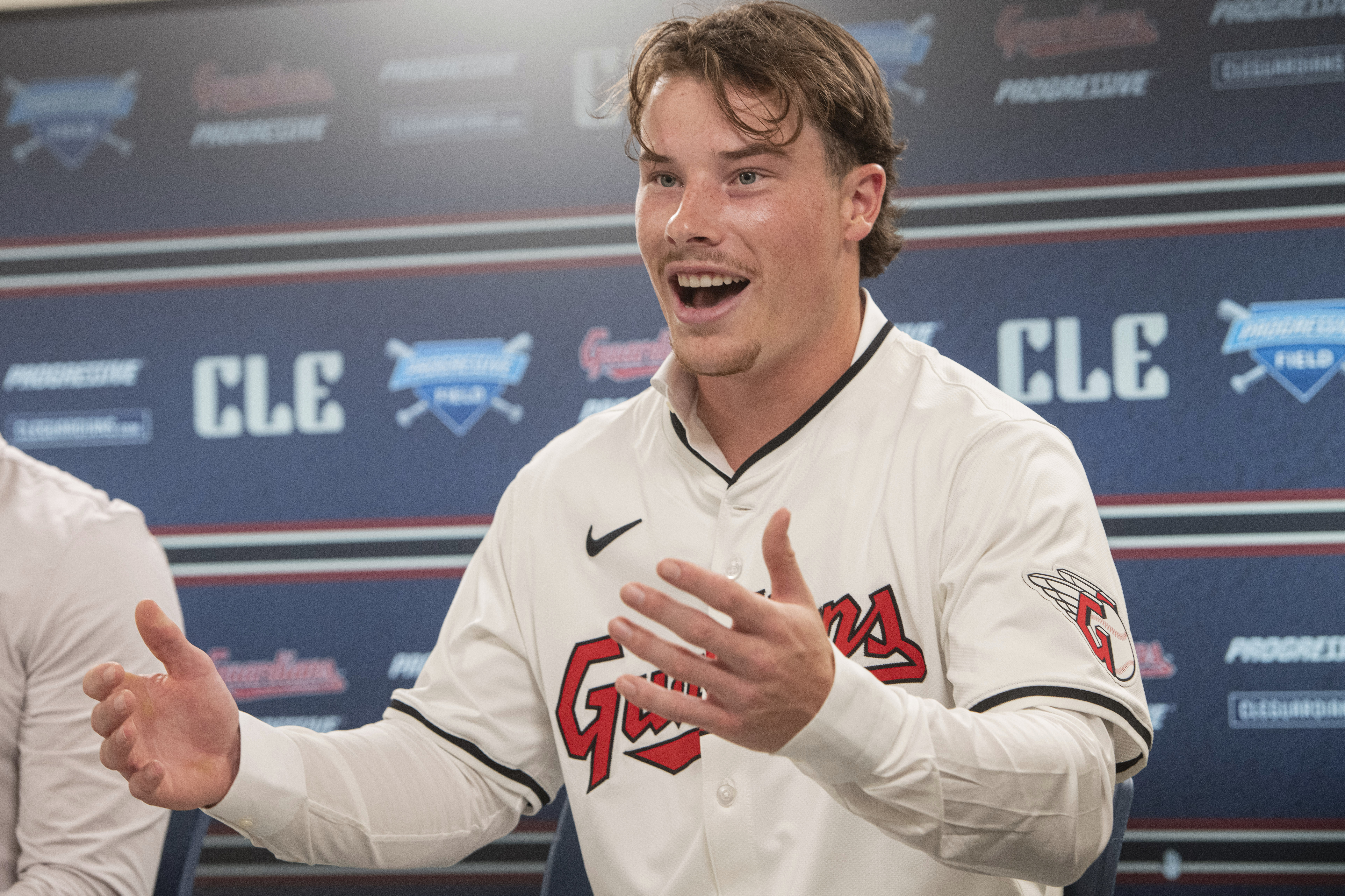 Cleveland Guardians first-round draft pick Travis Bazzana, of Australia, speaks at a news conference before a baseball game against the San Diego Padres in Cleveland, Friday, July 19, 2024. 