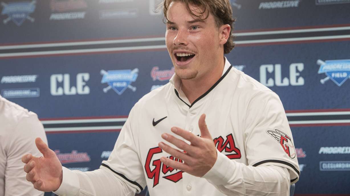 Cleveland Guardians first-round draft pick Travis Bazzana, of Australia, speaks at a news conference before a baseball game against the San Diego Padres in Cleveland, Friday, July 19, 2024.