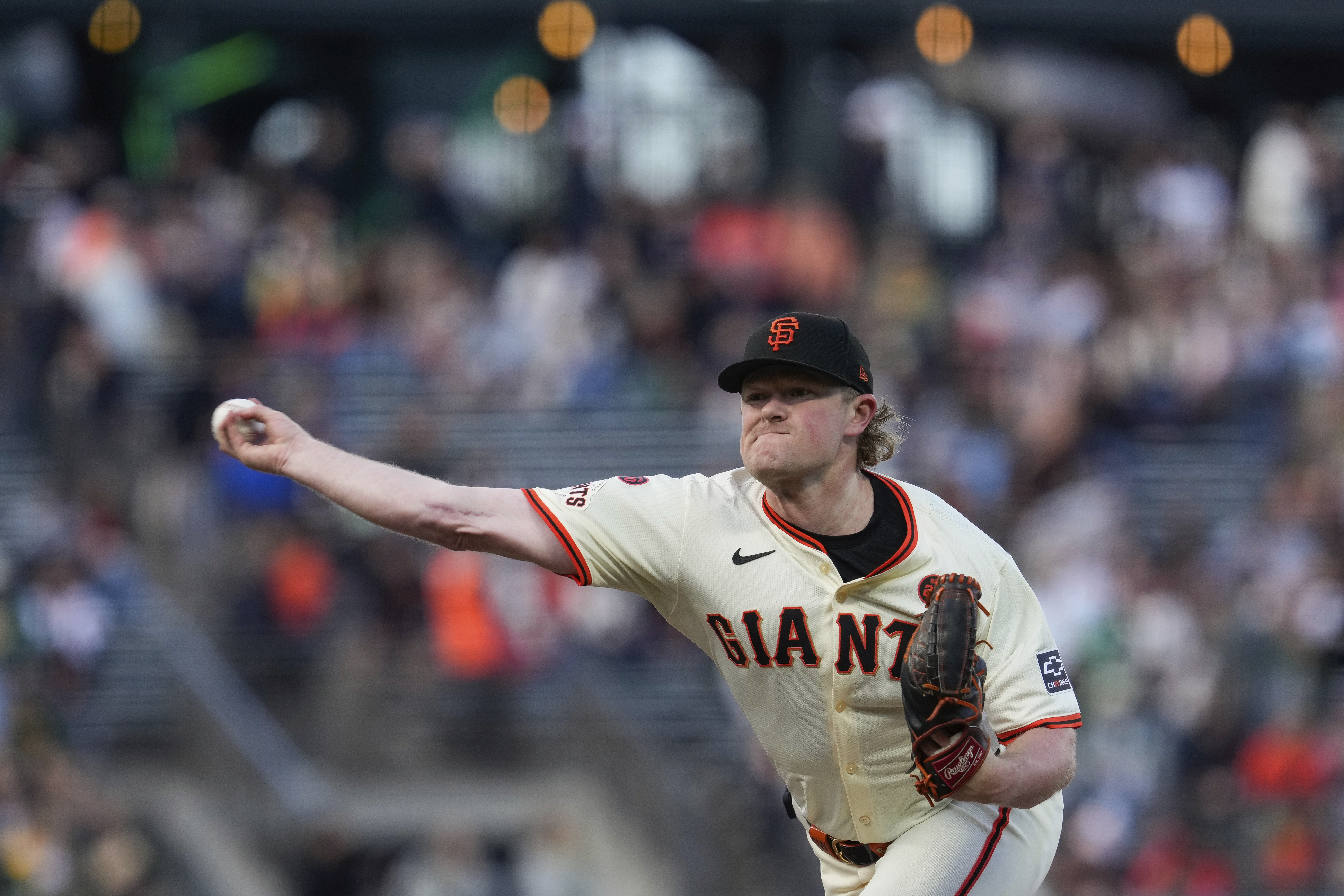 San Francisco Giants pitcher Logan Webb throws to an Oakland Athletics batter during the first inning of a baseball game Wednesday, July 31, 2024, in San Francisco. 
