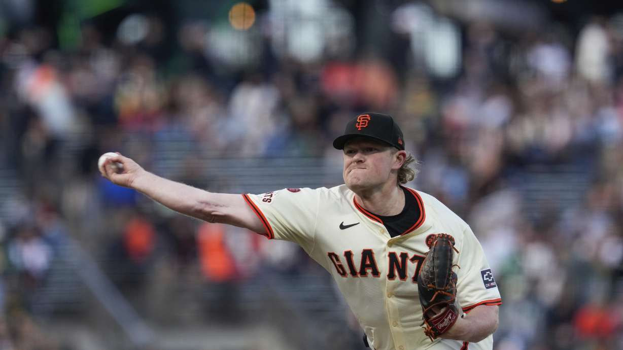 San Francisco Giants pitcher Logan Webb throws to an Oakland Athletics batter during the first inning of a baseball game Wednesday, July 31, 2024, in San Francisco.