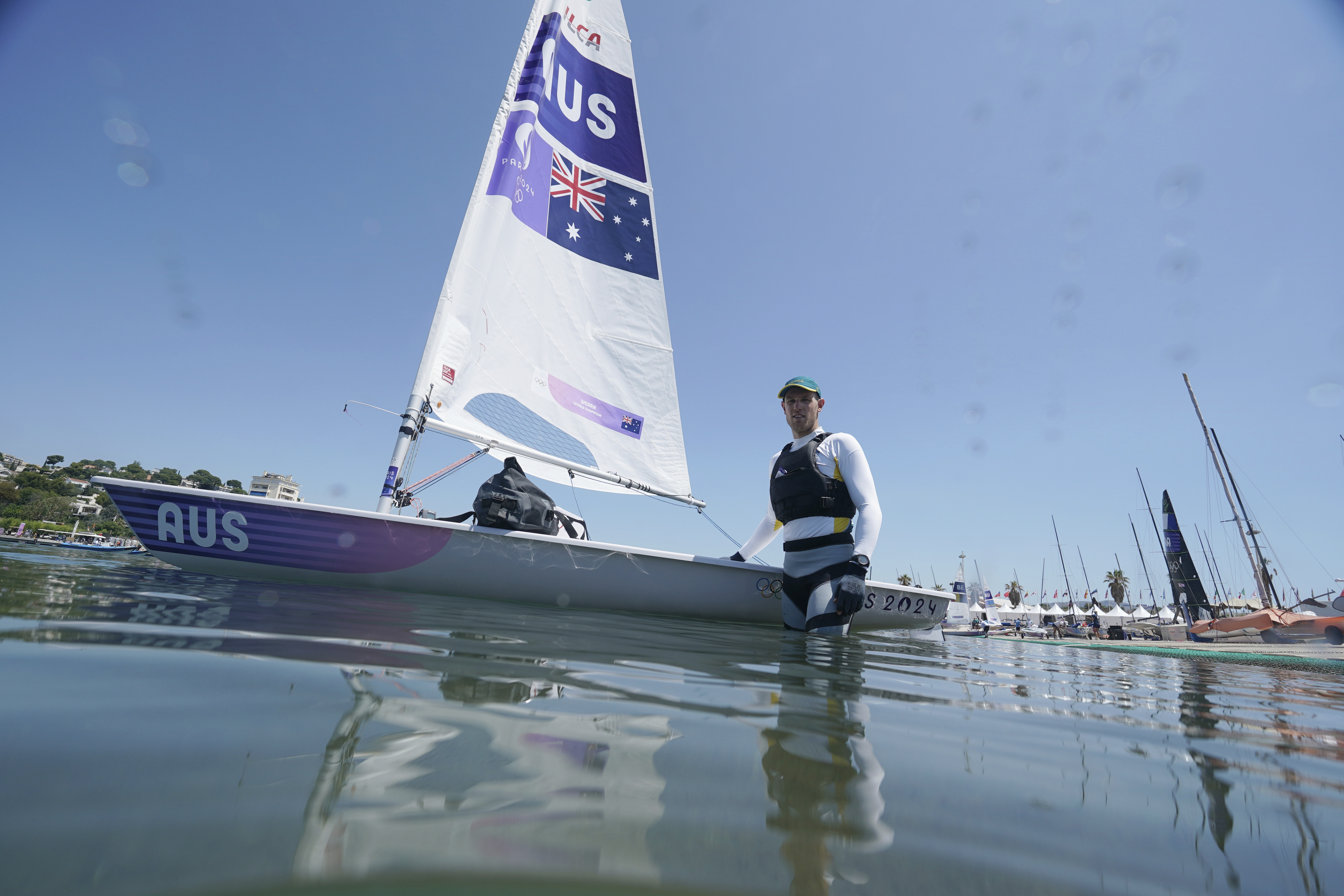 Matt Wearn, of Australia, poses for a portrait before men's dinghy practice at the 2024 Summer Olympics, Thursday, July 25, 2024, in Marseille, France. 