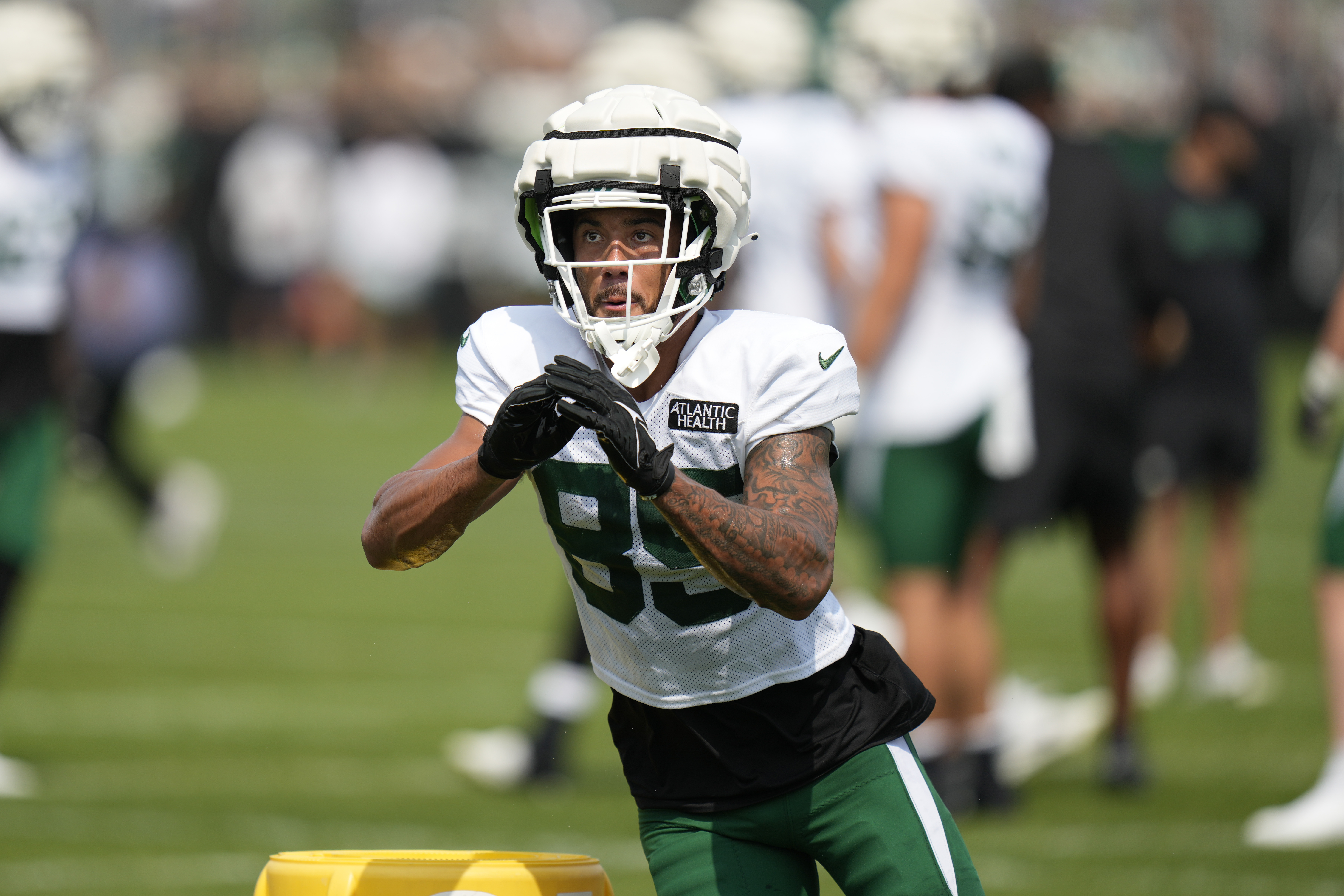 FILE - New York Jets' Lance McCutcheon participates in a practice at the NFL football team's training facility in Florham Park, N.J., Tuesday, July 30, 2024.